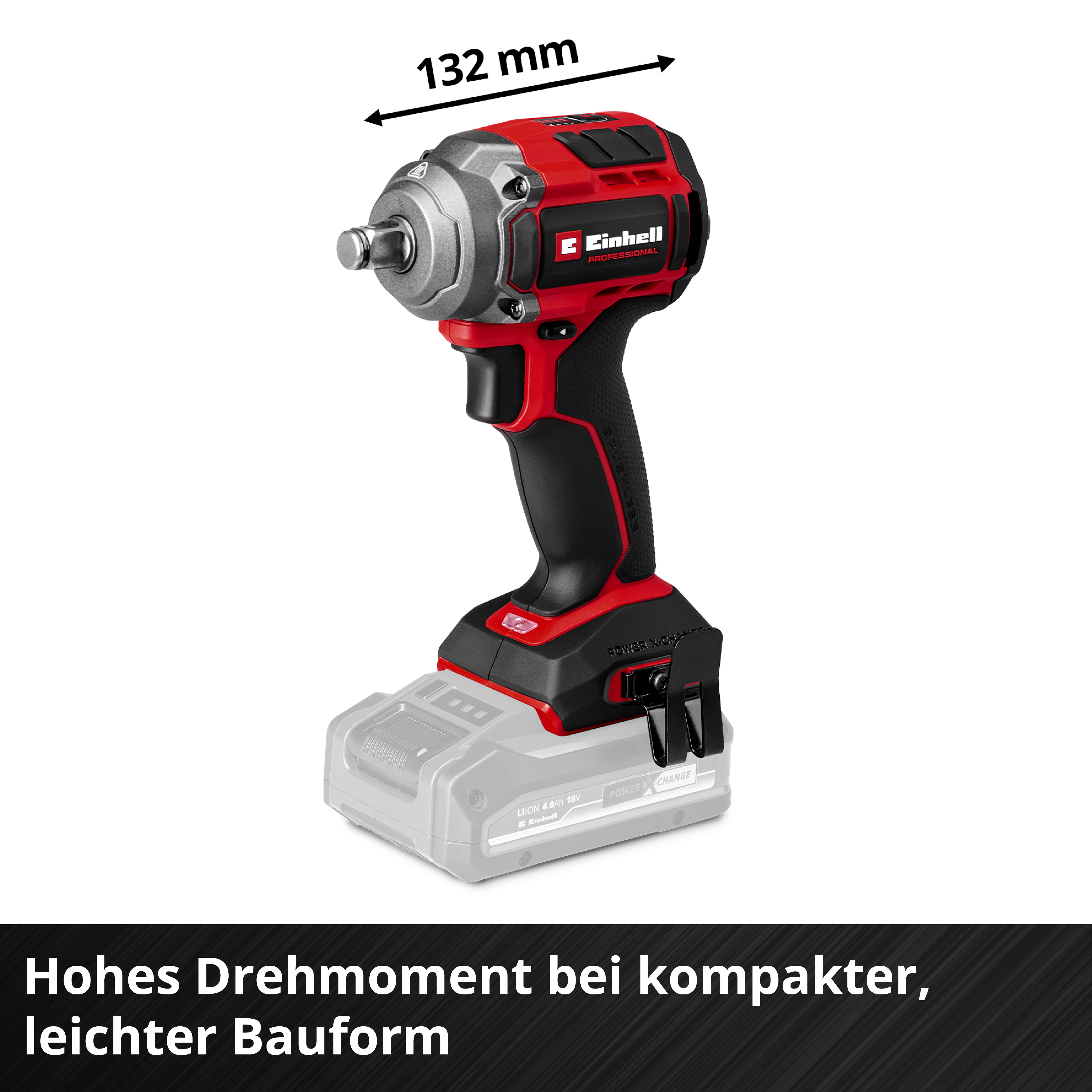 Ein rot-schwarzer Akku-Schlagschrauber mit Akku, 132 mm angezeigt. Die Marke ist Einhell.