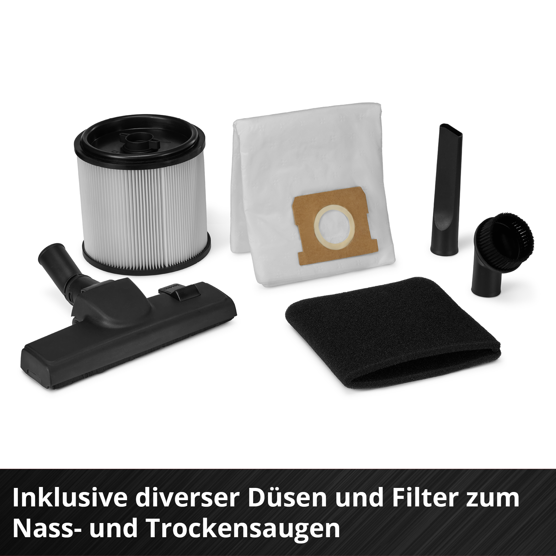 Accessori per aspirapolvere: filtro, sacchi, ugelli e spazzola su sfondo bianco. Testo in basso: 'Include vari ugelli e filtri'.