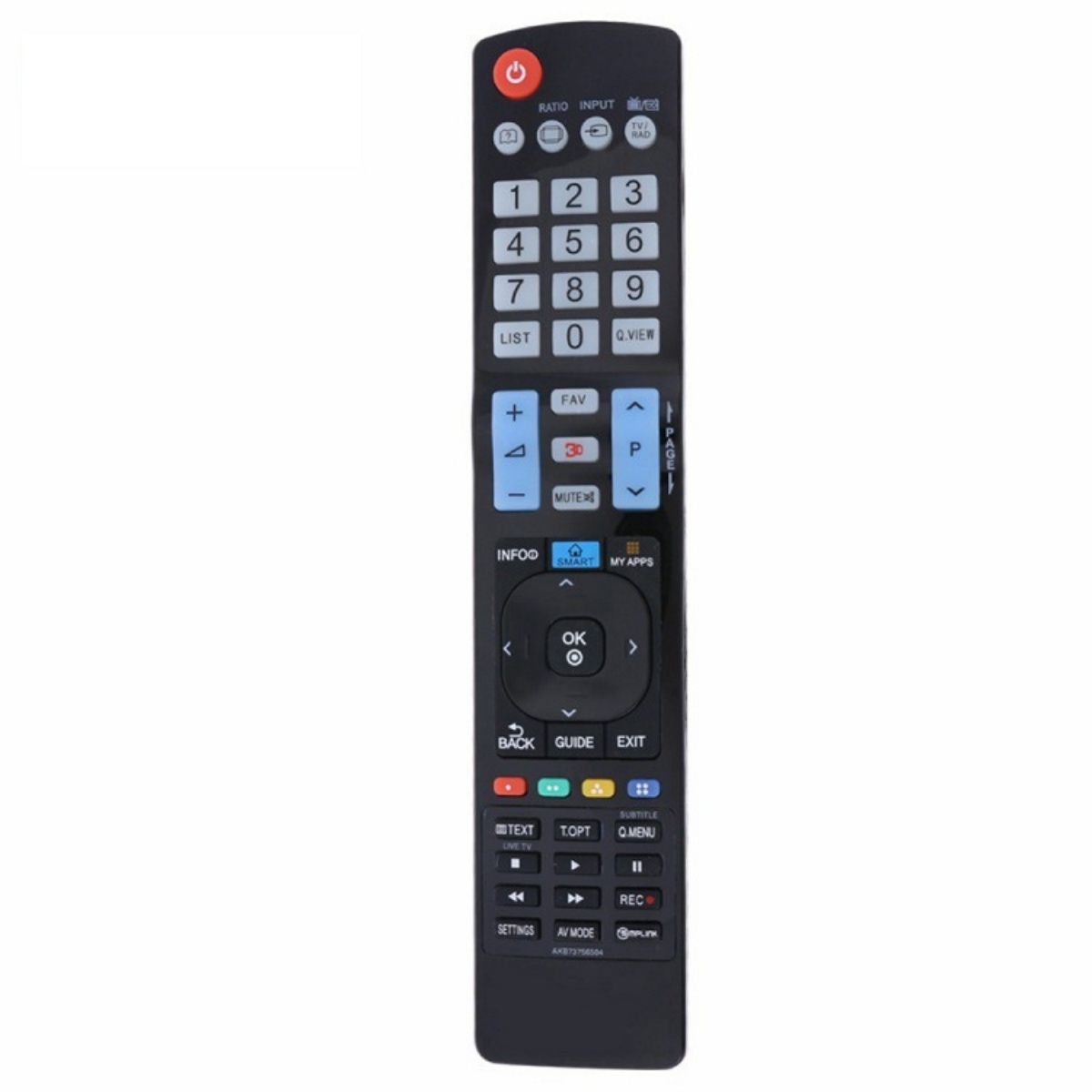Eine schwarze TV-Fernbedienung mit vielen Tasten, darunter Zahlen, Lautstärke, Kanal und Menüoptionen, auf weißem Hintergrund.