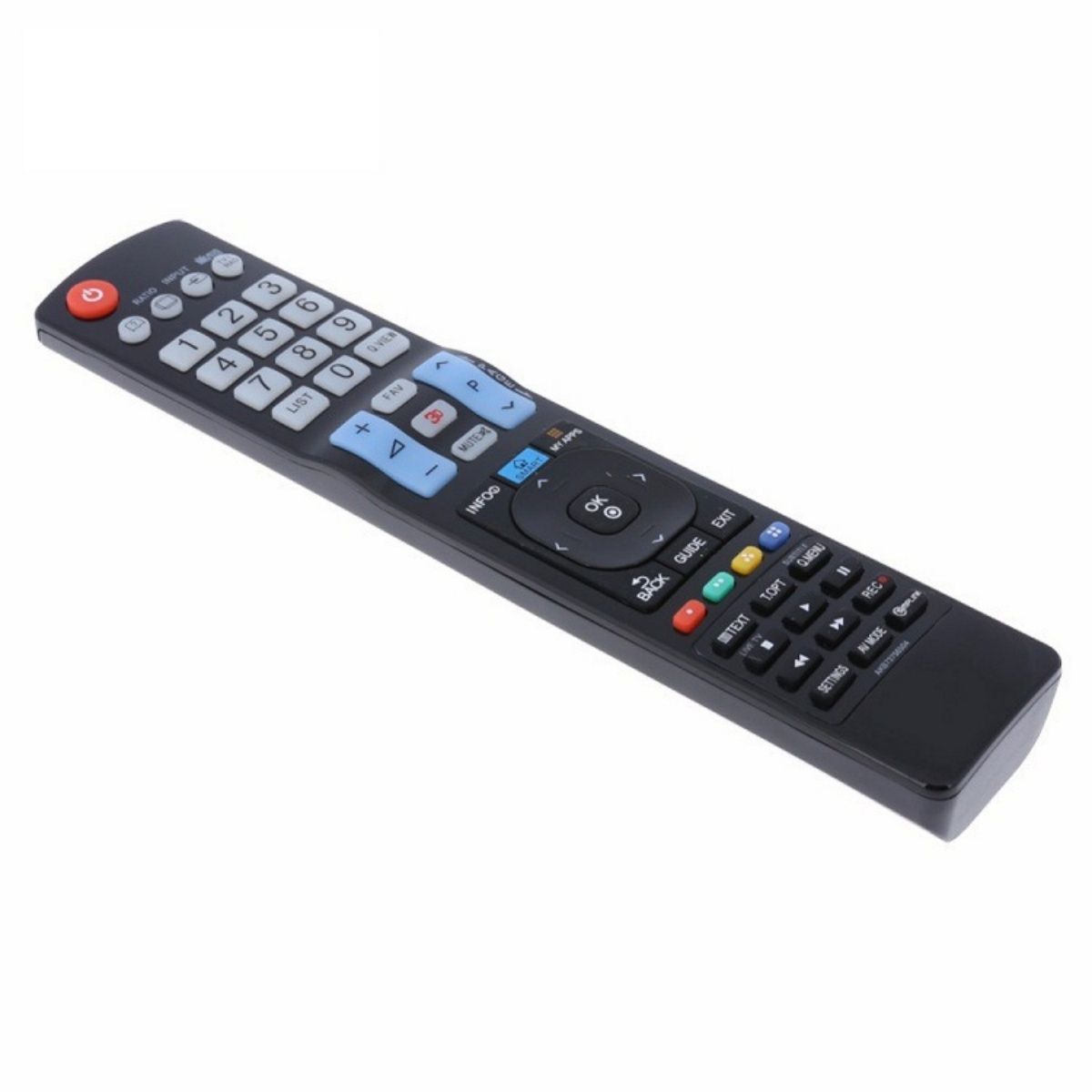 Eine schwarze TV-Fernbedienung mit verschiedenen Tasten, darunter Zahlen, Lautstärke und Ein/Aus. Die Fernbedienung ist nach oben rechts abgewinkelt.