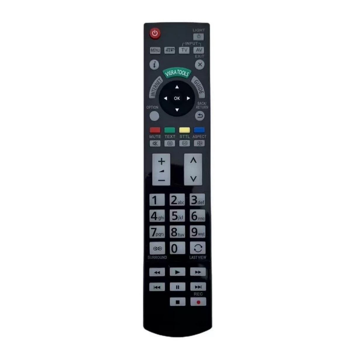Eine schwarze TV-Fernbedienung mit verschiedenen Tasten, darunter Ein-/Aus, Lautstärke, Kanal und Zifferntasten.