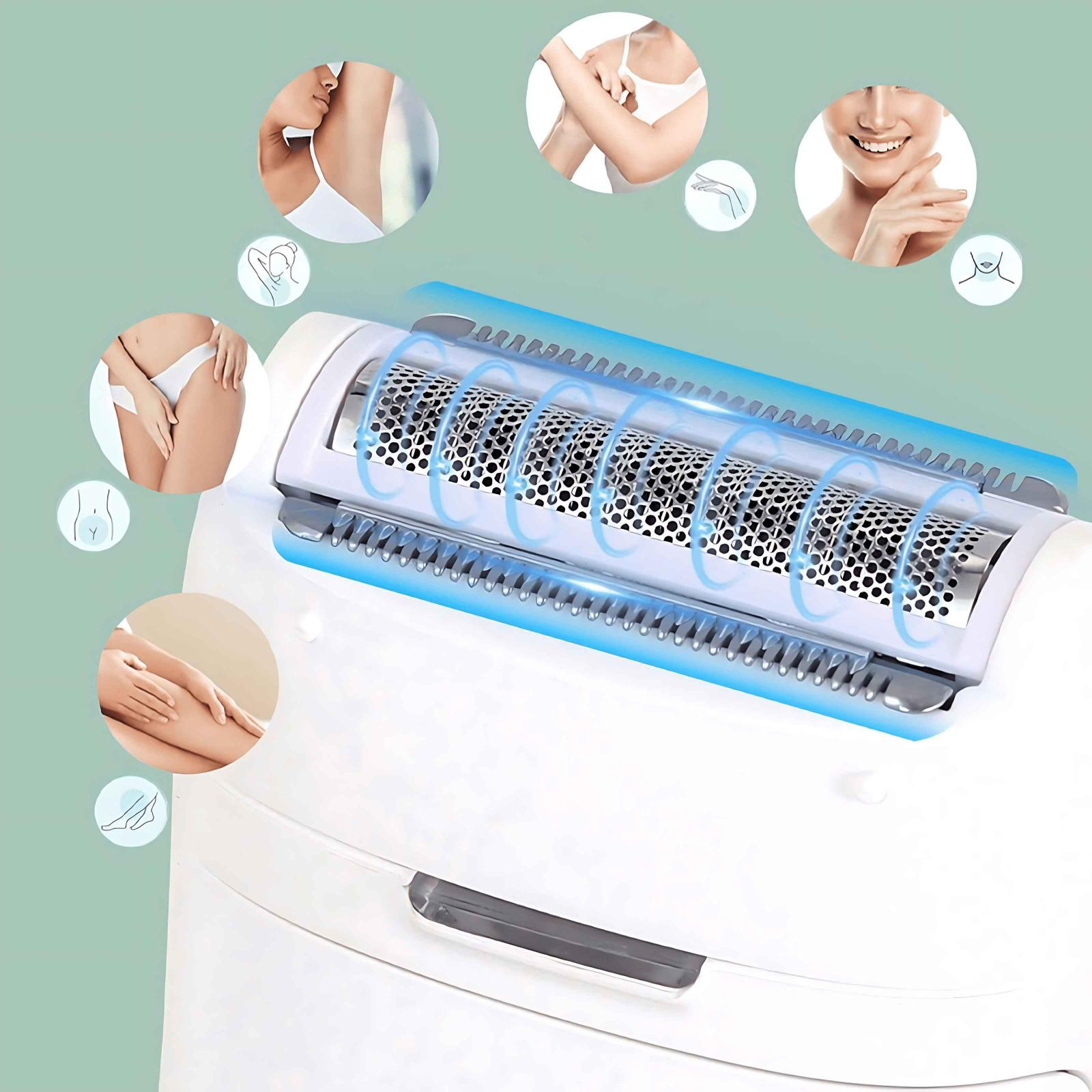 Nahaufnahme eines Epilierers mit weißem Gehäuse. Kreise zeigen Anwendungsbereiche: Achsel, Arm, Gesicht, Bikinizone und Beine.