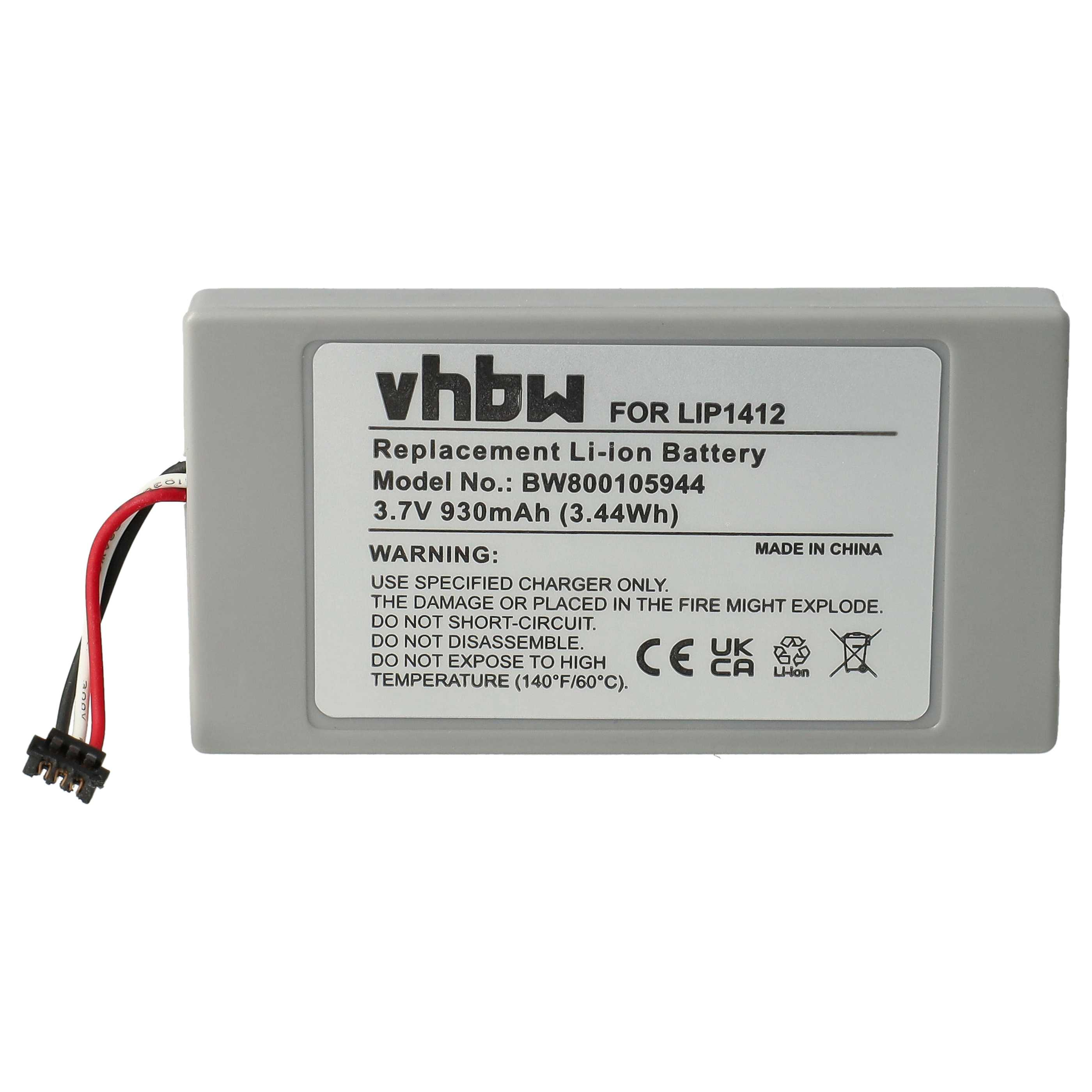 Ein rechteckiger Akku mit Text. Es hat Drähte und Anschlüsse. Auf dem Etikett steht 'Replacement Li-ion Battery'.