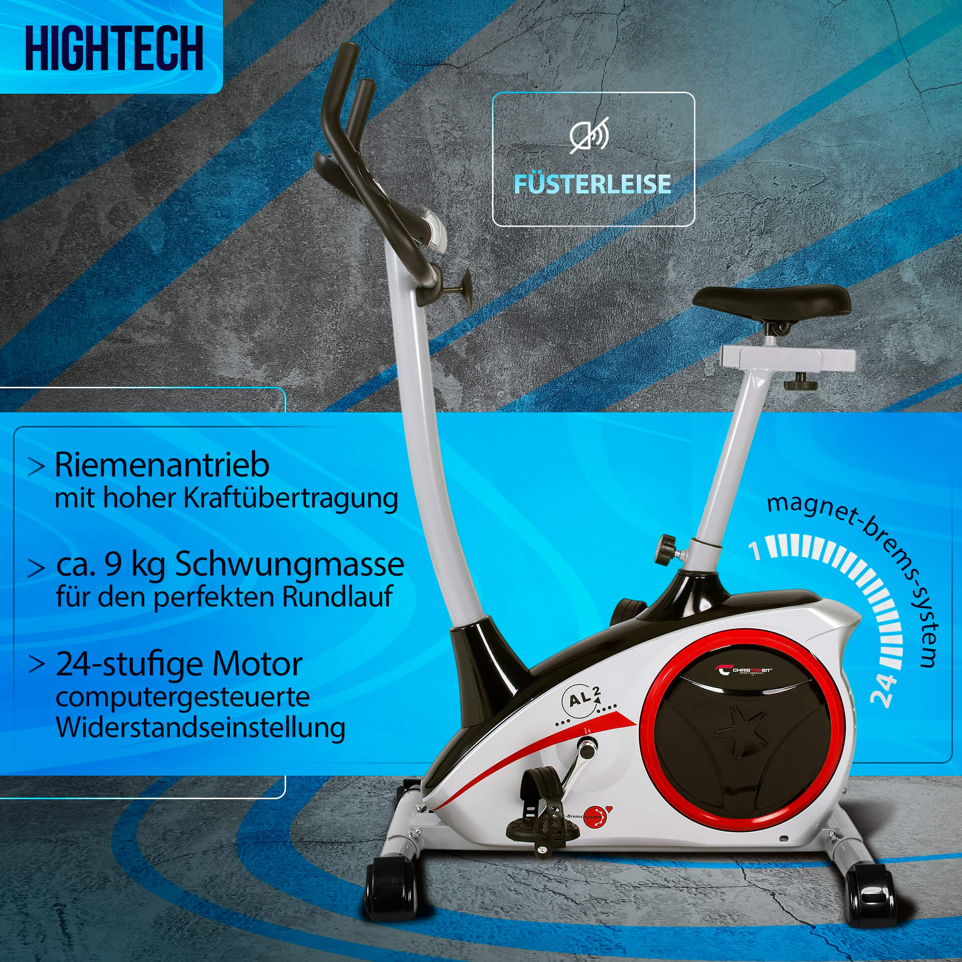 Ein Heimtrainer mit weißen und roten Akzenten. Es hat einen schwarzen Sitz und Lenker. Text hebt die Funktionen hervor.