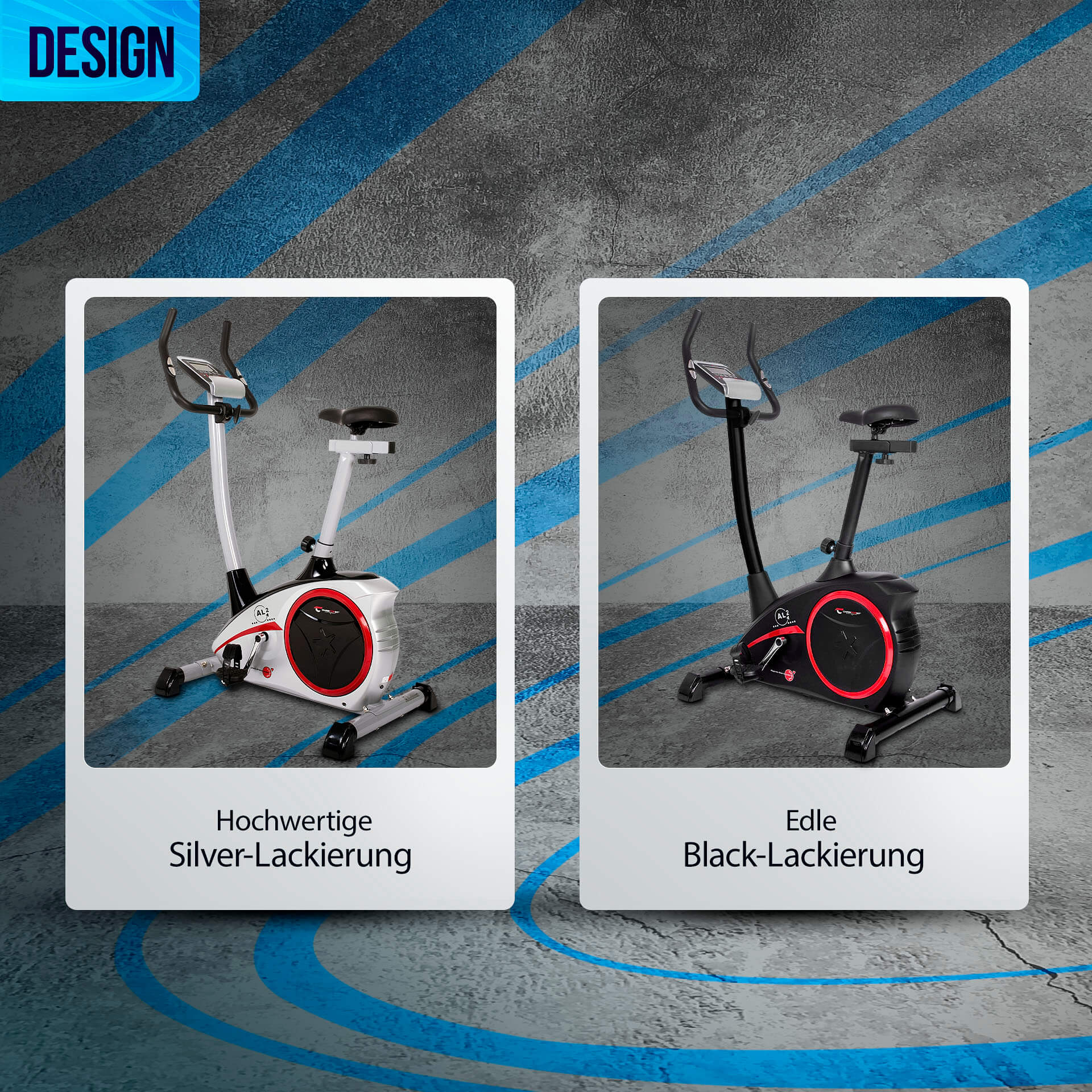 Das Bild zeigt zwei Heimtrainer, einen silbernen und einen schwarzen, mit Textbeschriftungen. Der Hintergrund ist grau mit blauen Streifen.