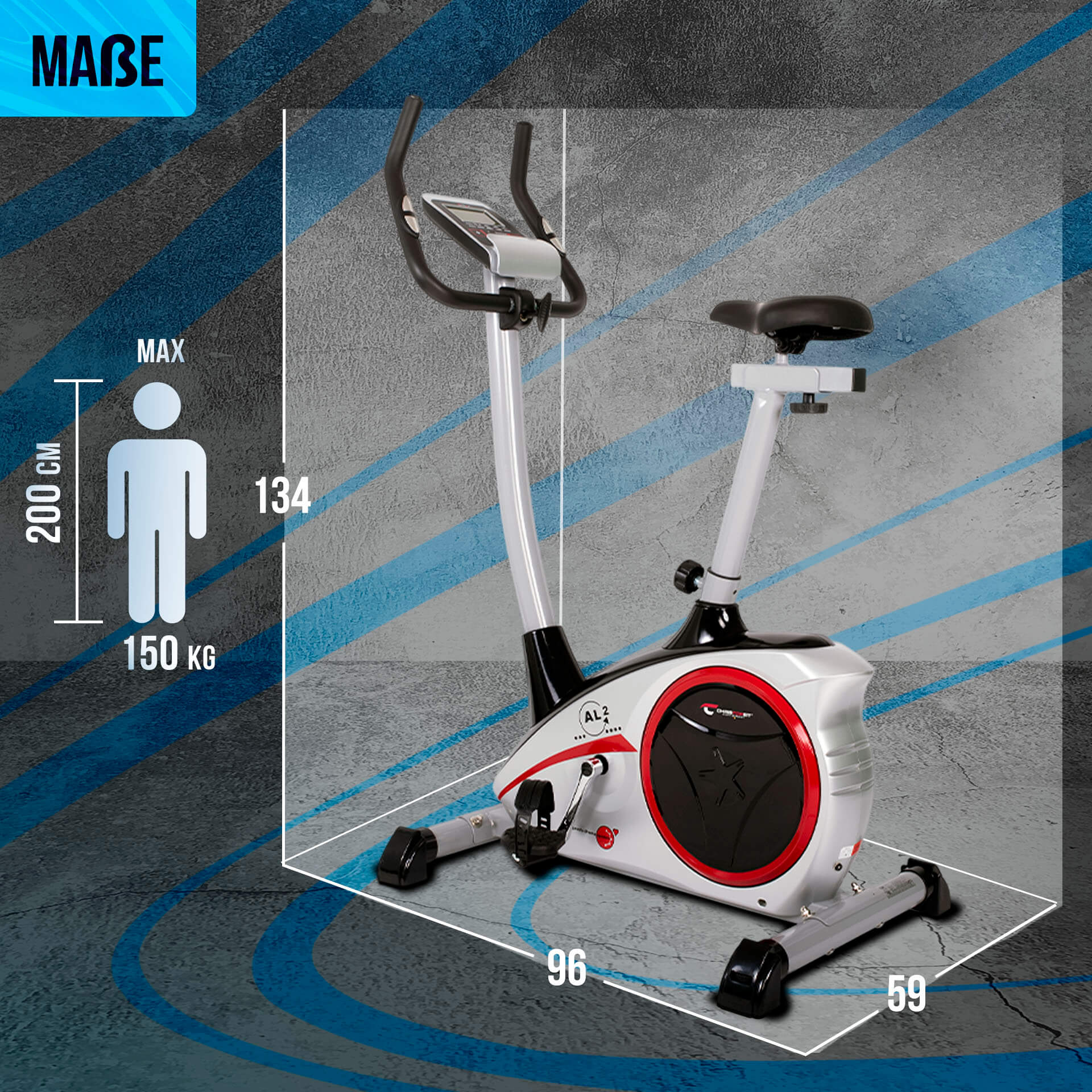 Ein Trainingsfahrrad, Abmessungen werden angezeigt, mit weißem Rahmen, schwarzen Griffen und Sitz, roten und schwarzen Details. Grauer und blauer Hintergrund.