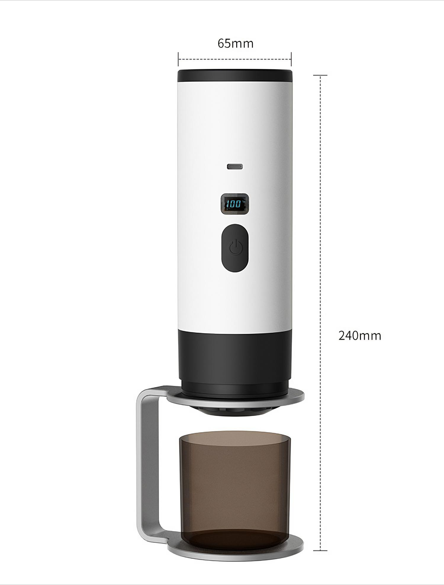 Eine weiß-schwarze Kaffeemühle mit einer Tasse. Die Mühle hat ein Digitaldisplay und einen Ein-/Ausschalter.