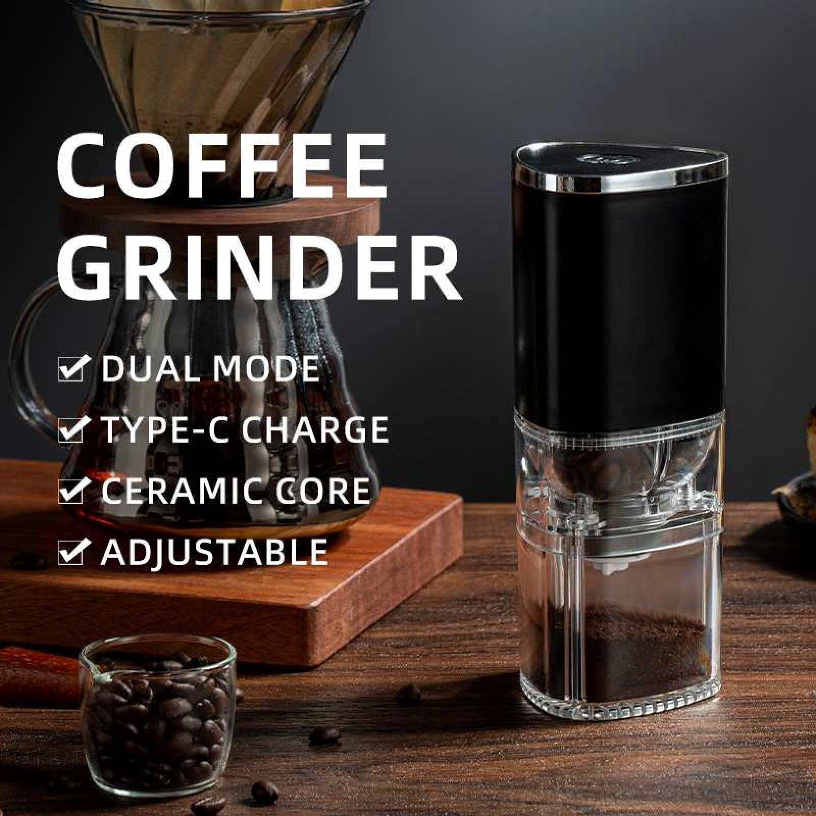 Eine Kaffeemühle mit schwarzem Deckel, klarem Körper und Kaffeebohnen in einem Glas, mit Text, der 'Dual-Modus', 'Typ-C-Ladung' anzeigt.