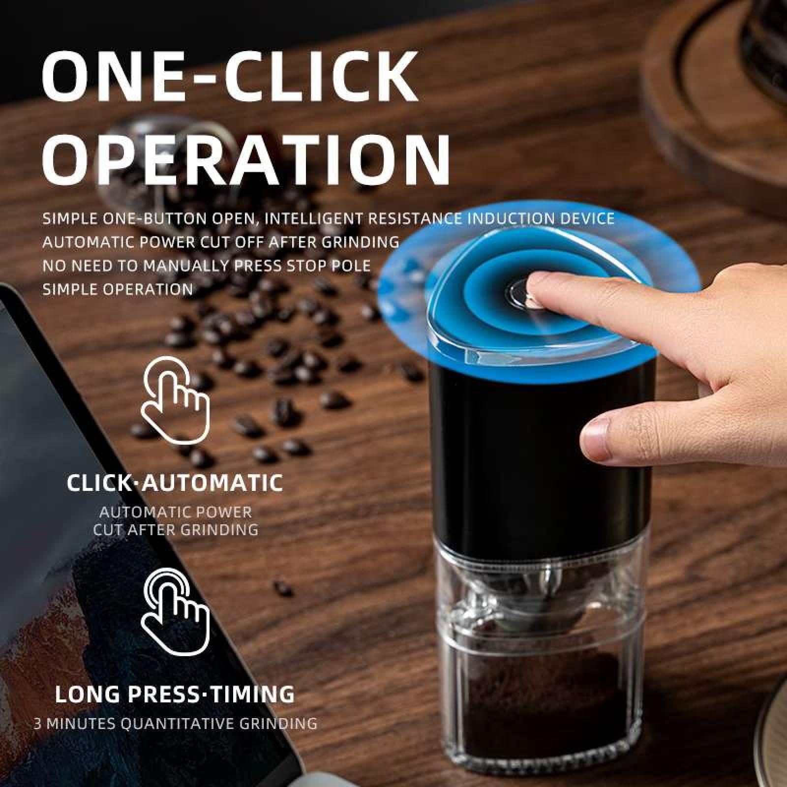 Eine Hand drückt einen Knopf an einer Kaffeemühle. Text beschreibt Ein-Klick-Bedienung, automatische Abschaltung und lange Druckzeit.
