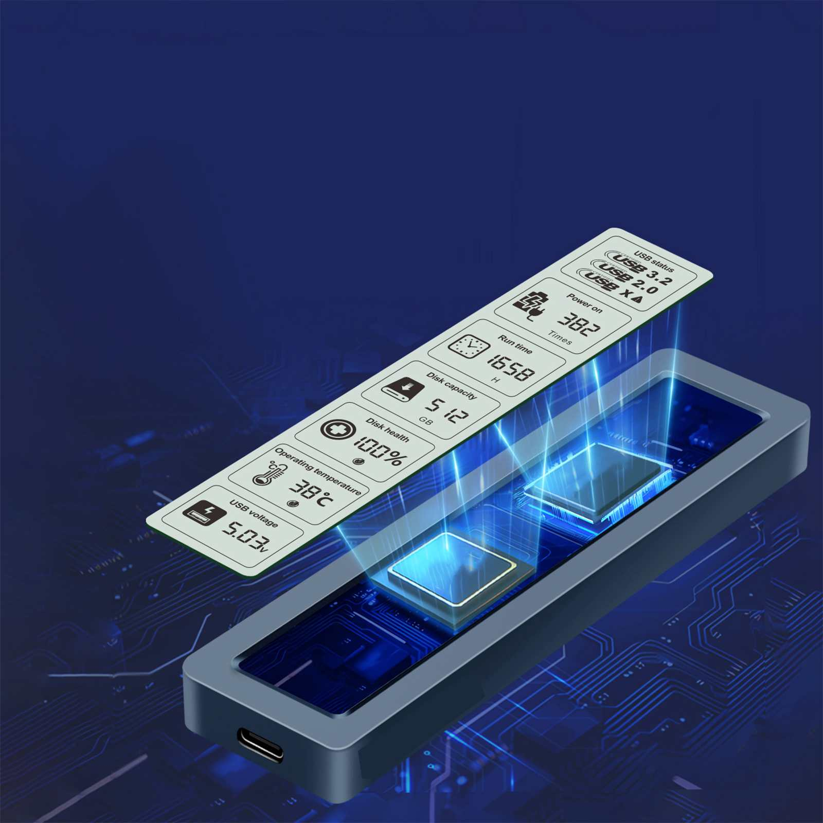 Ein blaues USB-Laufwerk mit Display zeigt Festplattenkapazität, Zustand, Laufzeit und Spannung auf einem Leiterplattenhintergrund.