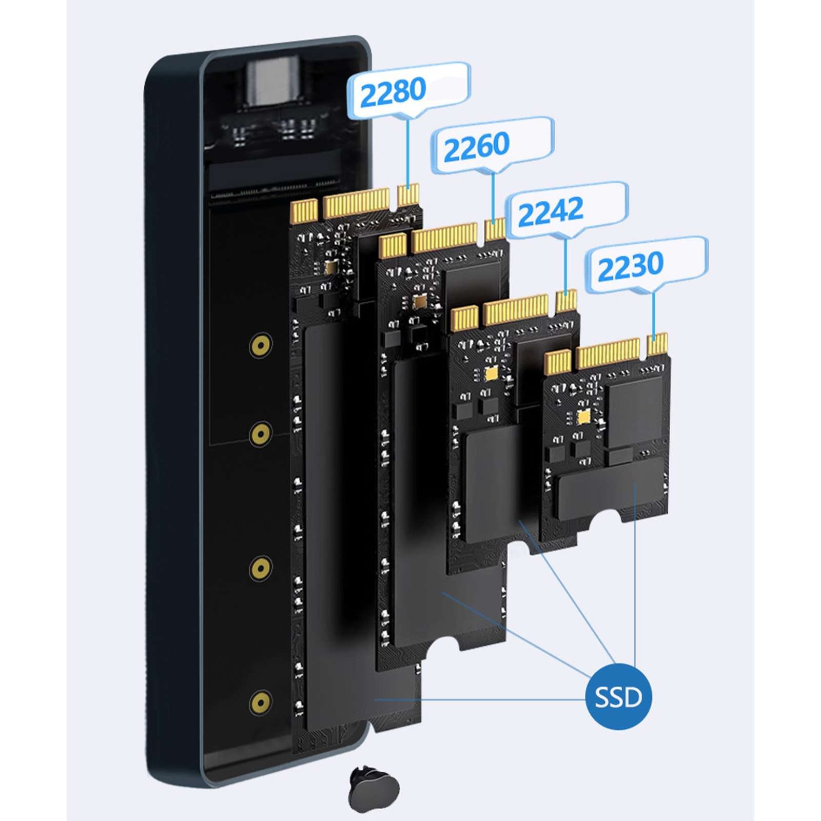 Explosionszeichnung eines SSD-Gehäuses mit verschiedenen SSD-Kartengrößen, bezeichnet mit 2280, 2260, 2242 und 2230.