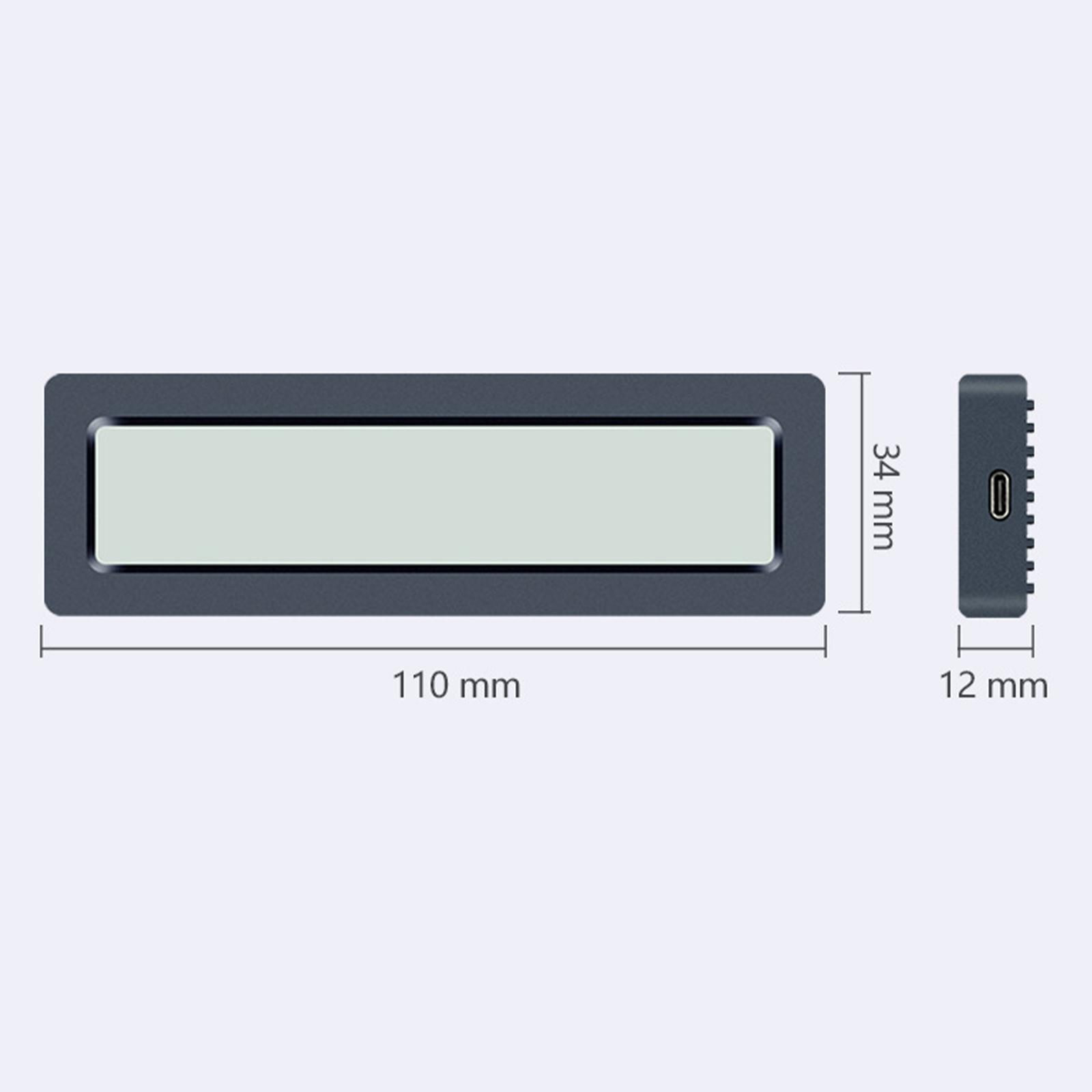 Ein rechteckiges elektronisches Gerät, Abmessungen: 110 mm x 34 mm x 12 mm, mit USB-Anschluss.