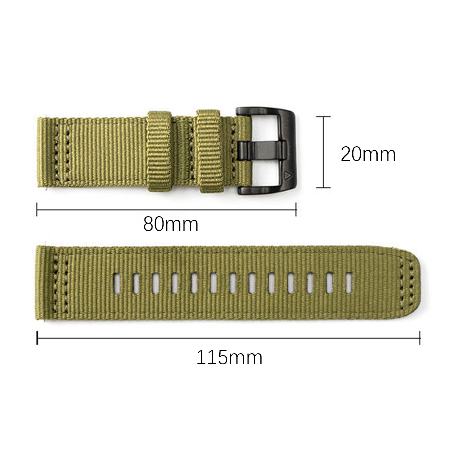 Części paska do zegarka w kolorze oliwkowym z wymiarami: długości 80 mm i 115 mm, szerokość 20 mm. Czarna klamra.