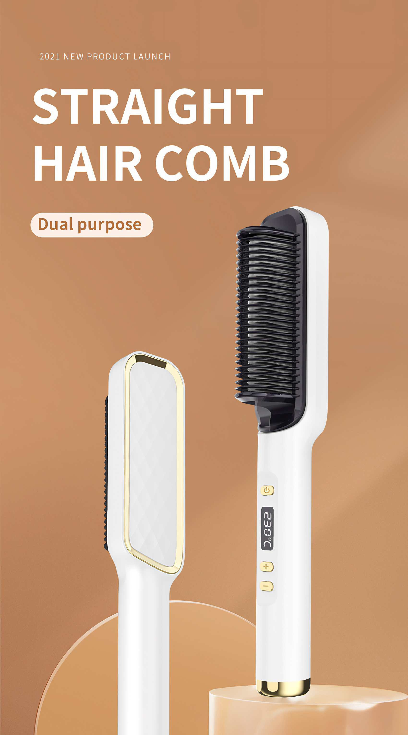 Ein weiß-schwarzer Haarglätter mit Temperaturanzeige. Die Bürste befindet sich neben einem ähnlichen Gerät.
