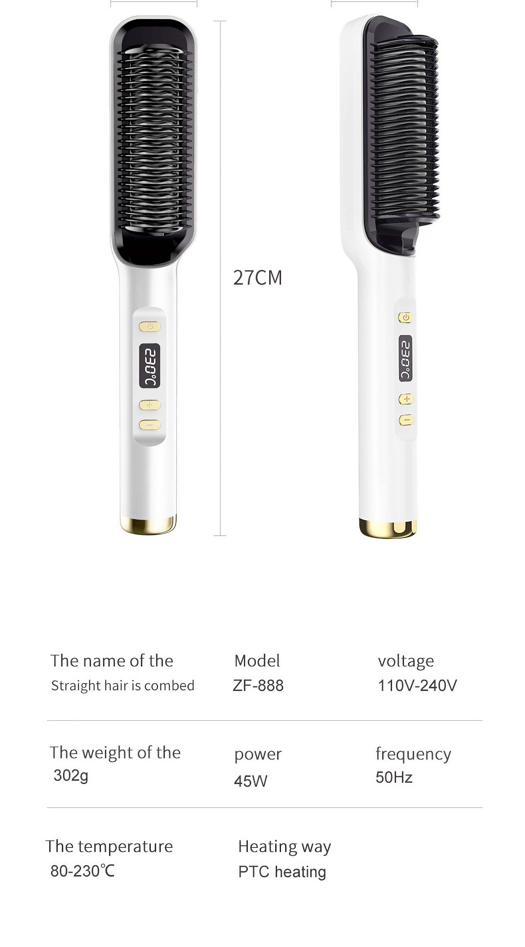 Eine weiß-schwarze Haarglättungsbürste. Sie hat eine digitale Anzeige mit 230°C. Das Modell ist ZF-888.