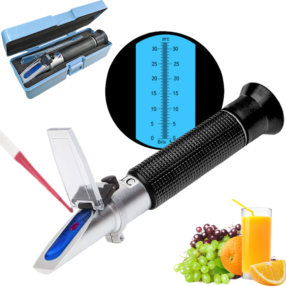 Ein Refraktometer mit Brix-Skala wird mit Trauben, Orangen und Saft gezeigt. Es beinhaltet auch eine Pipette und einen Koffer.