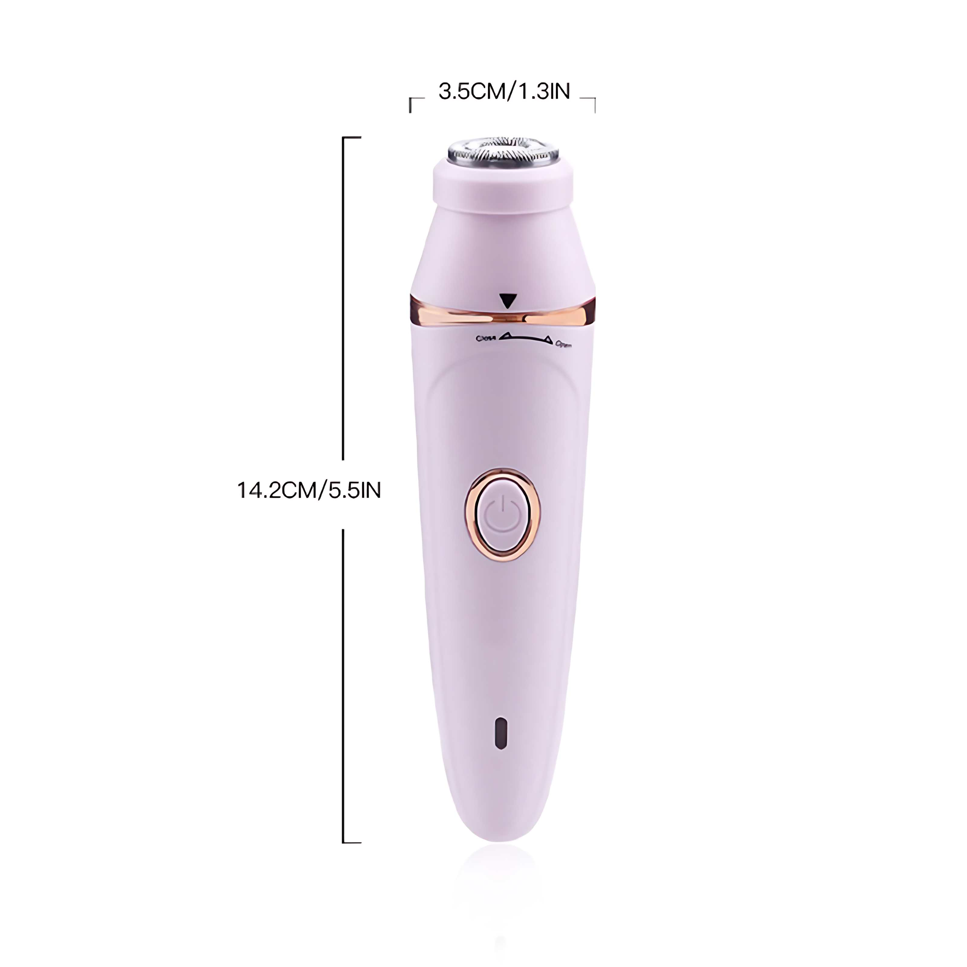 Ein weißer und rosa Epilierer mit silbernem Kopf wird gezeigt. Maße sind an der Seite angezeigt. Eine Ein-/Aus-Taste ist sichtbar.