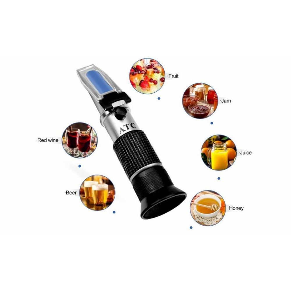 Ein Refraktometer mit runden Bildern von Rotwein, Bier, Obst, Marmelade, Saft und Honig, jeweils beschriftet.