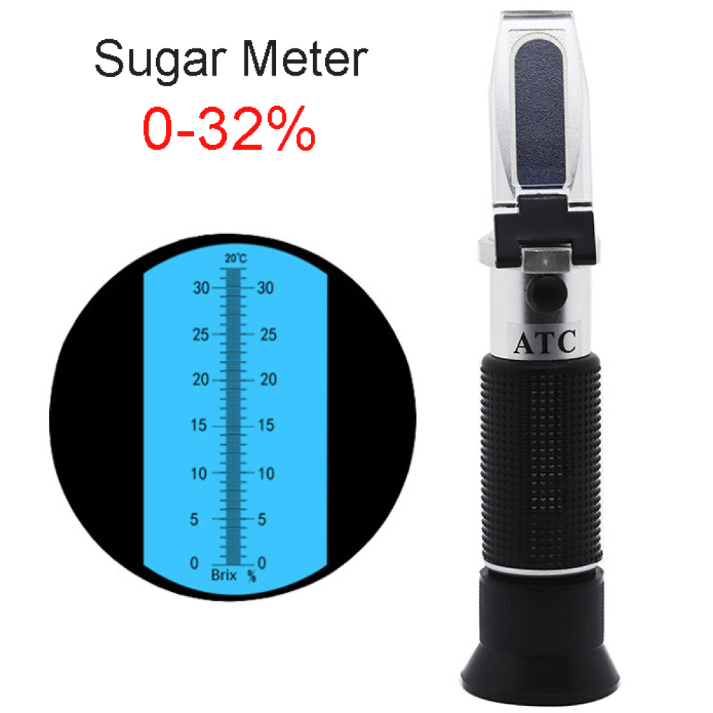 Ein Zuckermessgerät mit einer blauen Skala zeigt Brix % von 0-32% an. Das Gerät ist silber und schwarz. Text beinhaltet Zuckermesser und 0-32%.