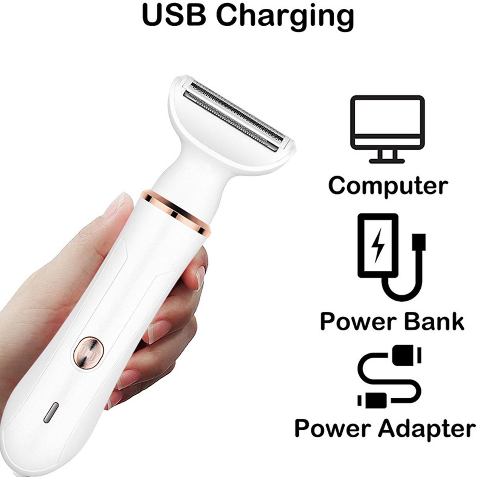 Ein weißer Elektrorasierer mit goldenem Ring wird von einer Hand gehalten. USB-Lade Text und Symbole für Ladeoptionen werden angezeigt.