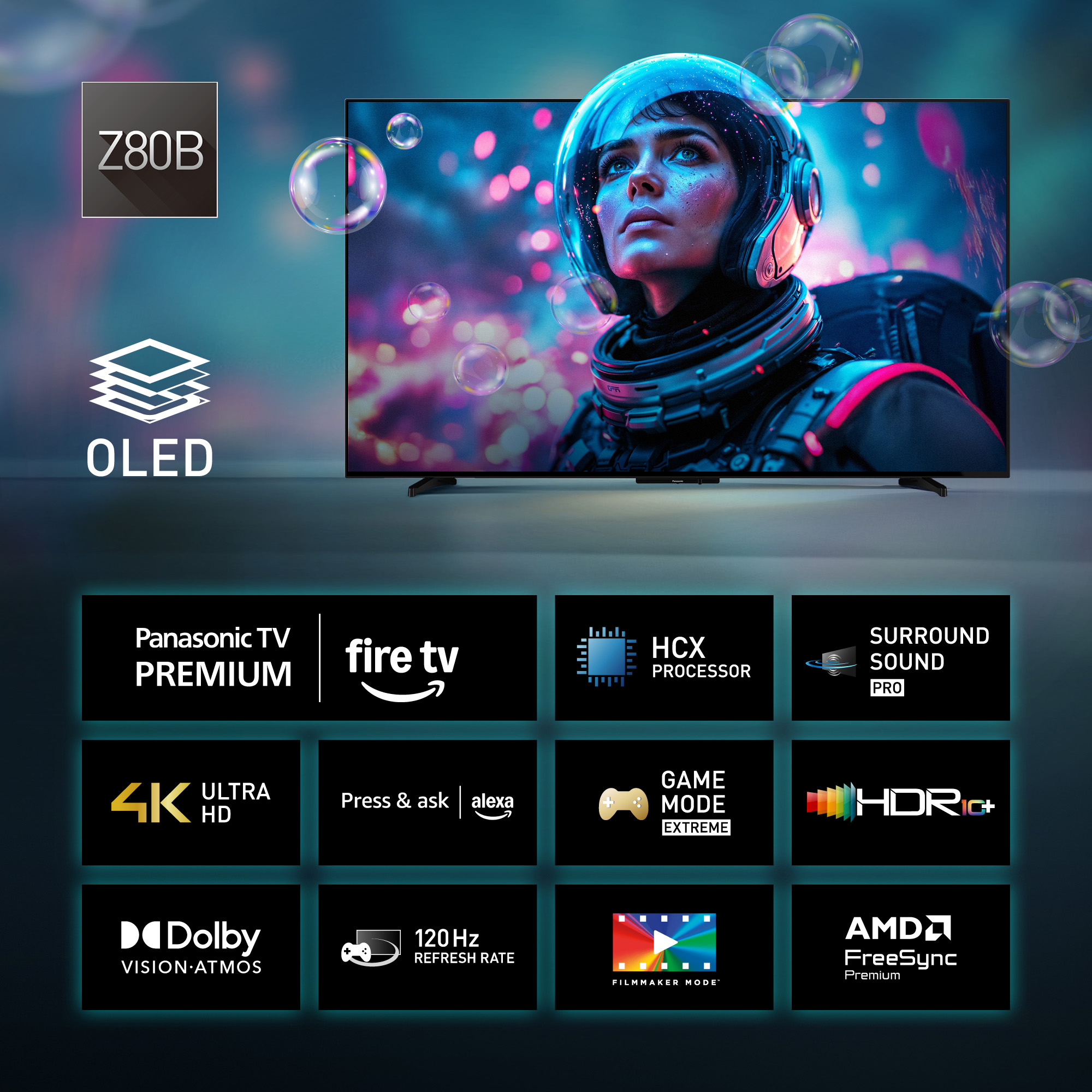 Téléviseur avec image d'astronaute à l'écran, bulles flottantes. Comprend OLED, 4K, Dolby, Fire TV et autres technologies.