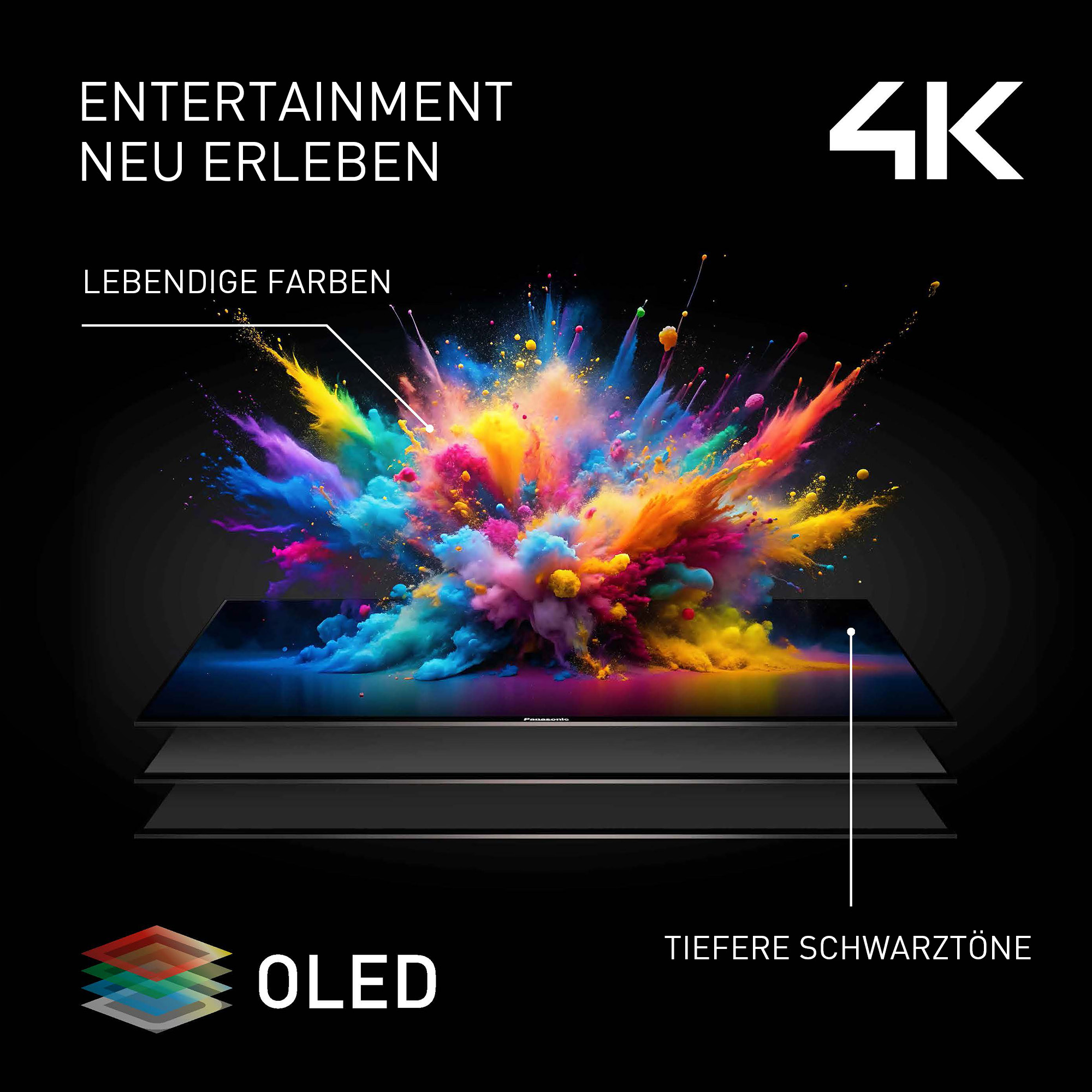 Un téléviseur OLED avec une explosion de couleurs vibrantes à l'écran. Le texte promeut la 4K, l'OLED et les noirs profonds. Fond noir.