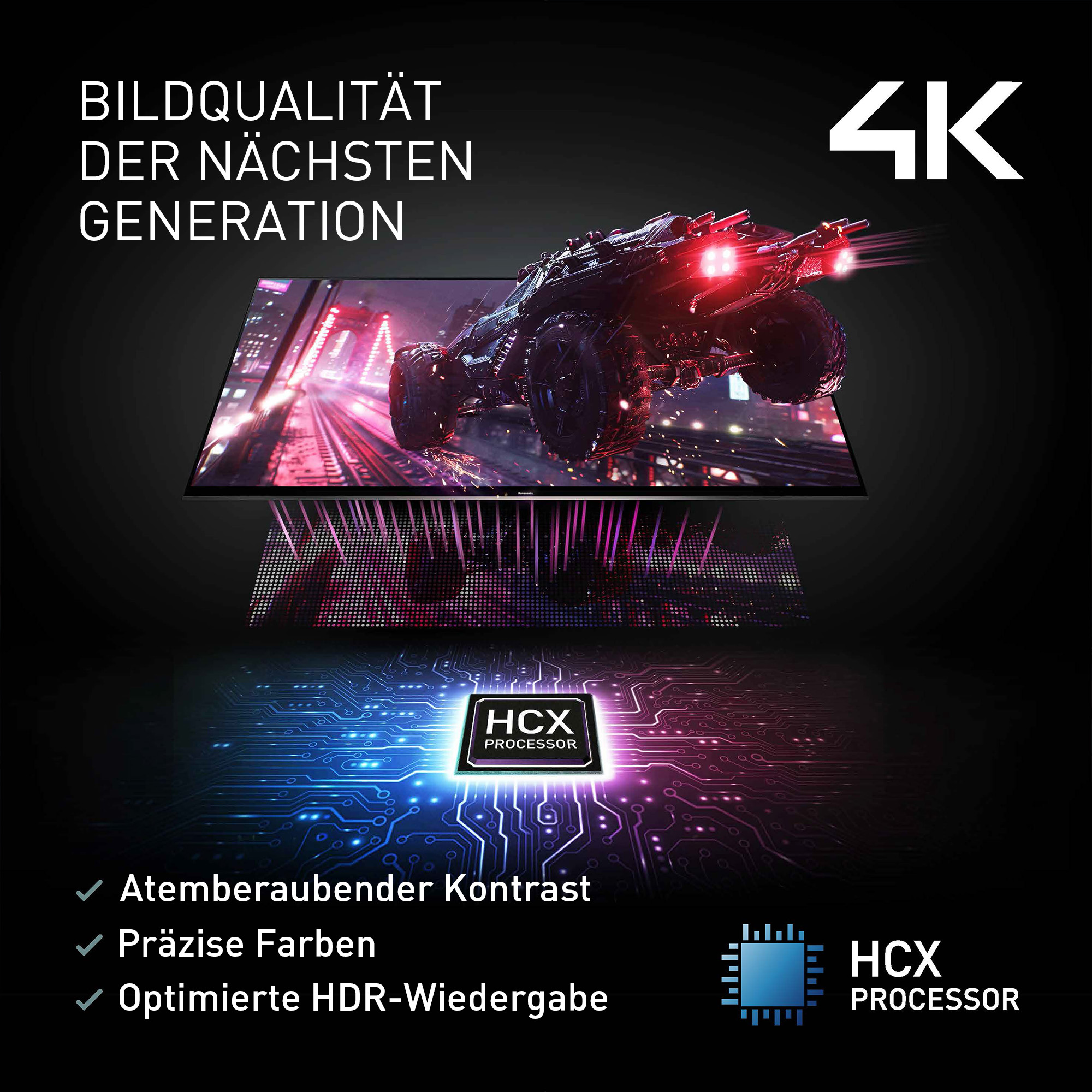 L'image montre un écran 4K avec un graphique de véhicule. Le texte comprend 'Bildqualität' et 'processeur HCX'. Les fonctionnalités sont listées ci-dessous.