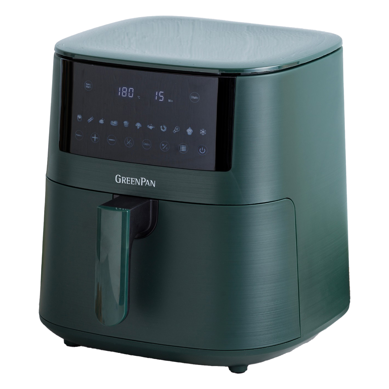 Ein dunkelgrüner GreenPan-Luftfritteuse. Sie hat ein digitales Display mit Temperatur und Zeit. Zu den Funktionen gehören Kochvoreinstellungen und ein Griff.