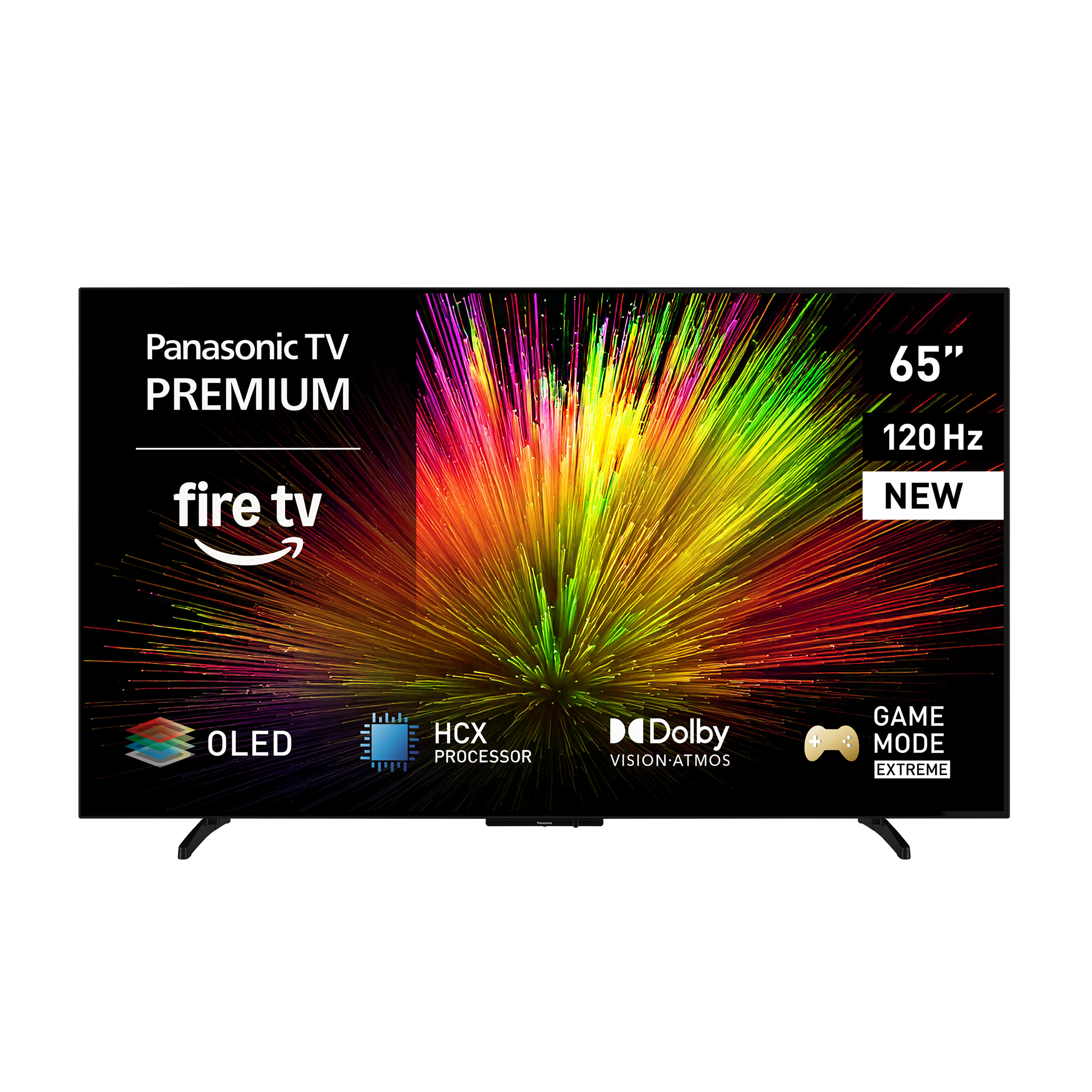 Un téléviseur OLED Panasonic de 65" avec un graphique d'explosion coloré, comprend Fire TV, Dolby et Game Mode Extreme.