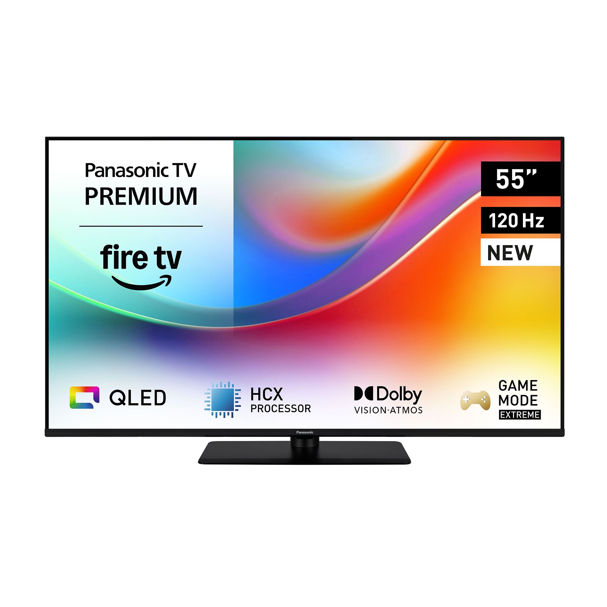 Panasonic 55" QLED-Fernseher mit Fire TV, Dolby Atmos und Spielmodus. Zu den Merkmalen gehören HCX-Prozessor und 120 Hz Bildwiederholfrequenz.