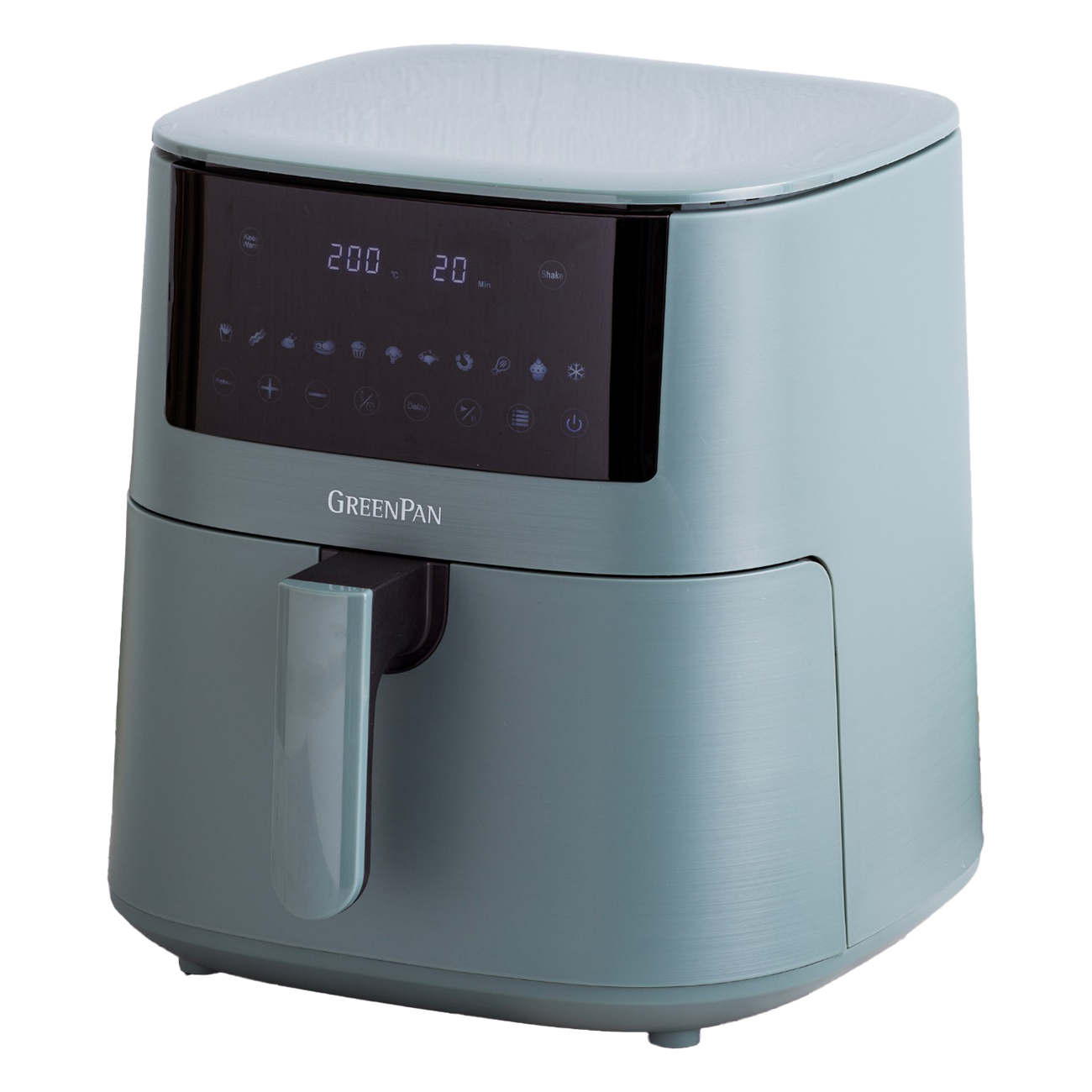 Ein tealfarbener GreenPan-Luftfritteuse auf weißem Hintergrund. Das Display zeigt 200 Grad Celsius und 20 Minuten Restzeit.