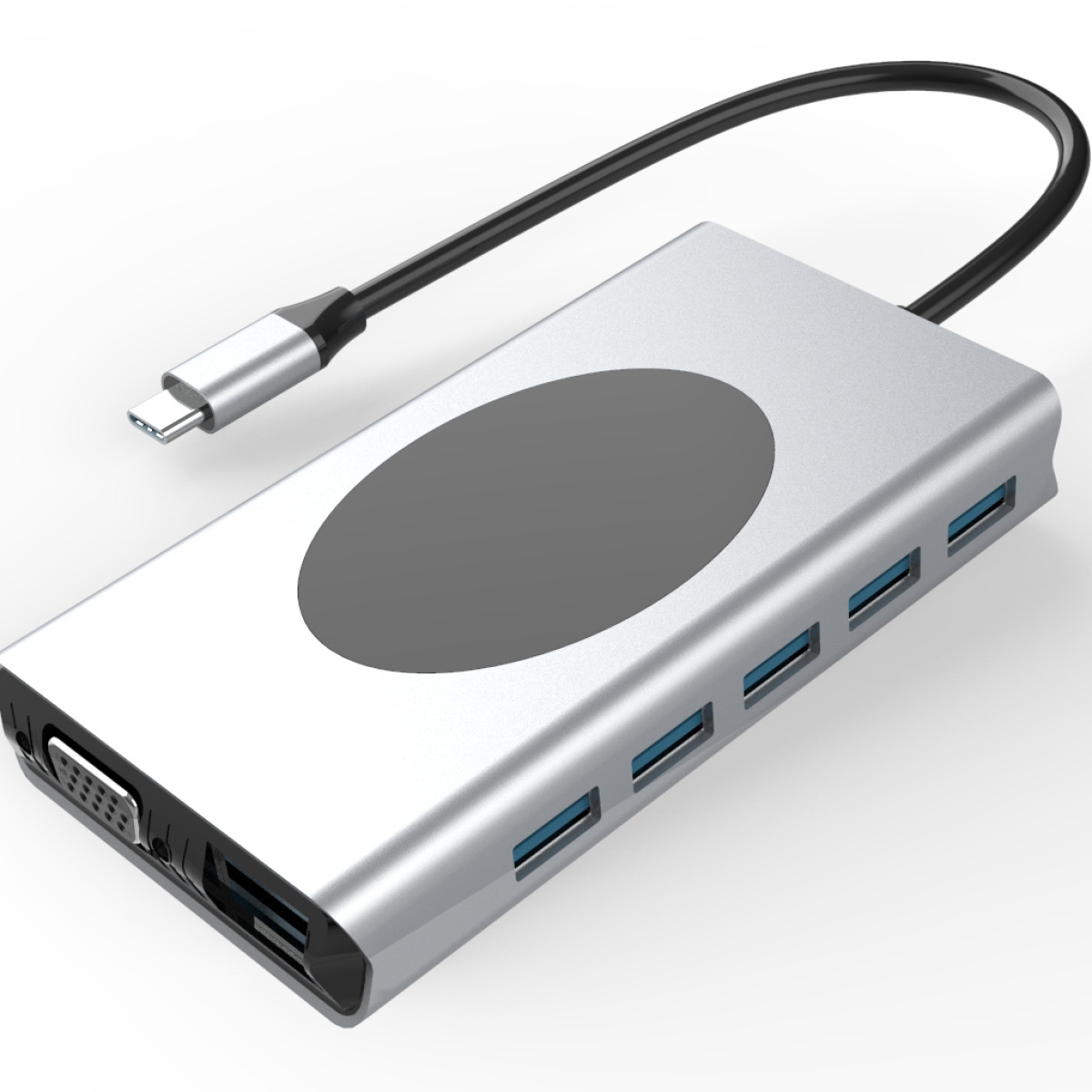 Zilveren USB-hub met een zwarte kabel en een USB-C-connector. Heeft een grijs ovaal en meerdere USB-poorten. Witte achtergrond.