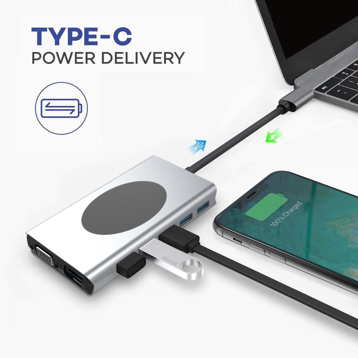 Een zilveren hub verbindt een laptop, telefoon en USB-stick. De telefoon wordt opgeladen. Tekst: 'TYPE-C POWER DELIVERY'.