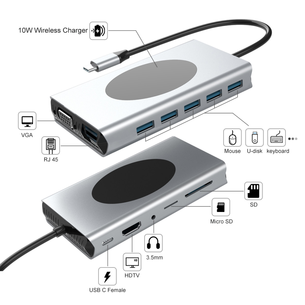 Een zilveren USB-C hub met meerdere poorten: VGA, RJ45, USB, SD, Micro SD, HDMI en 3,5 mm. Het heeft ook een 10W draadloze oplader.