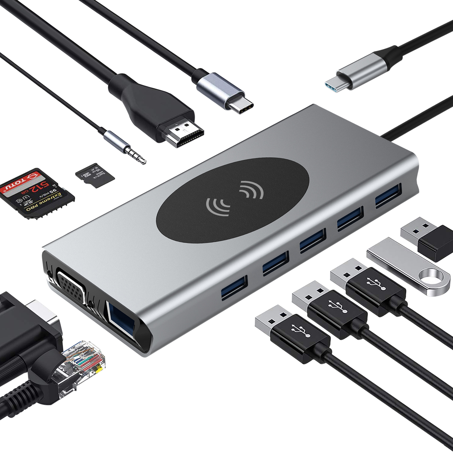 Een zilveren hub met diverse poorten, kabels en connectoren. Inclusief USB-, HDMI-, USB-C- en SD-kaartsleuven. Zwarte kabels en een draadloos oplaadstation.