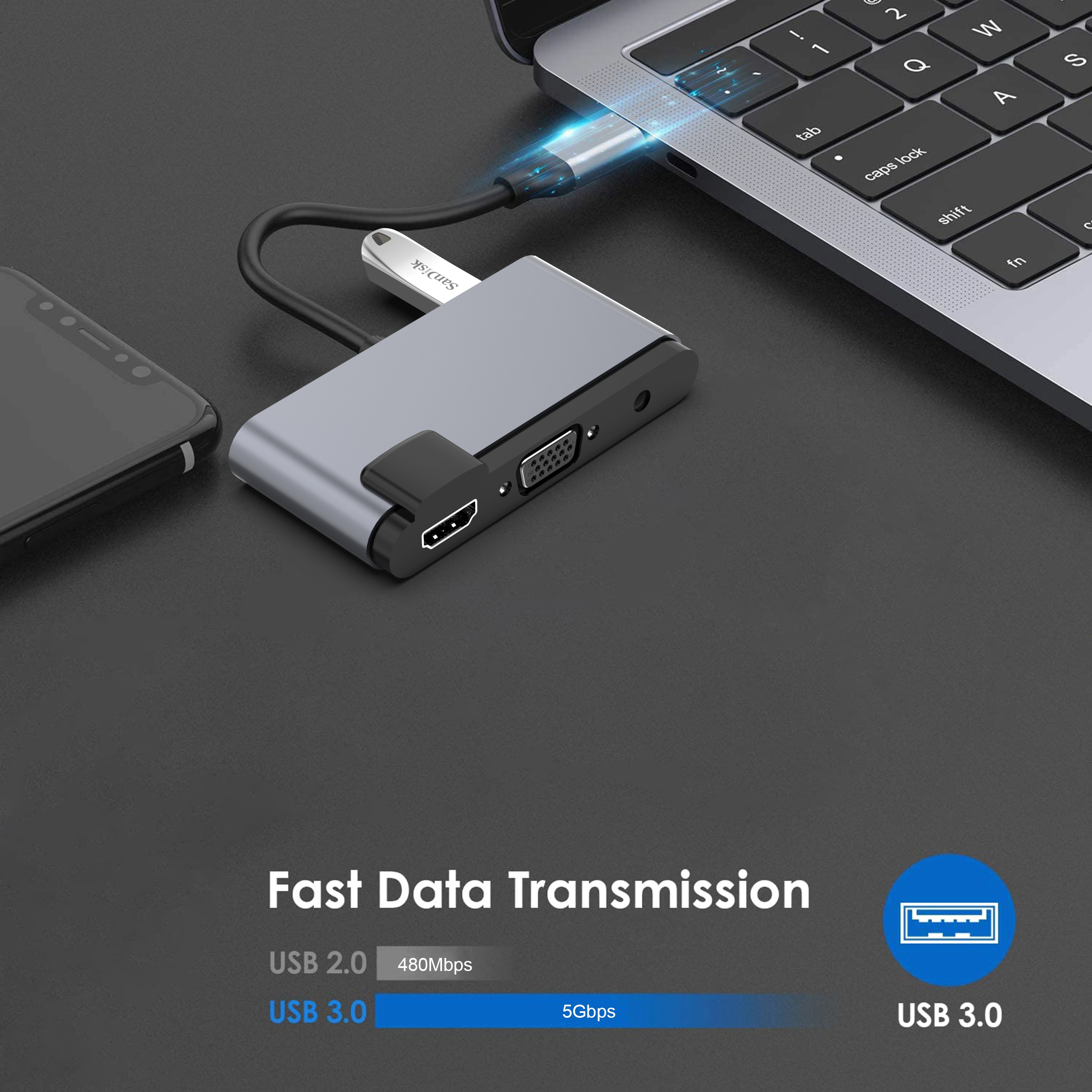 A laptop connected to a USB hub, a smartphone, and a USB drive. Text: Fast Data Transmission, USB 3.0.
