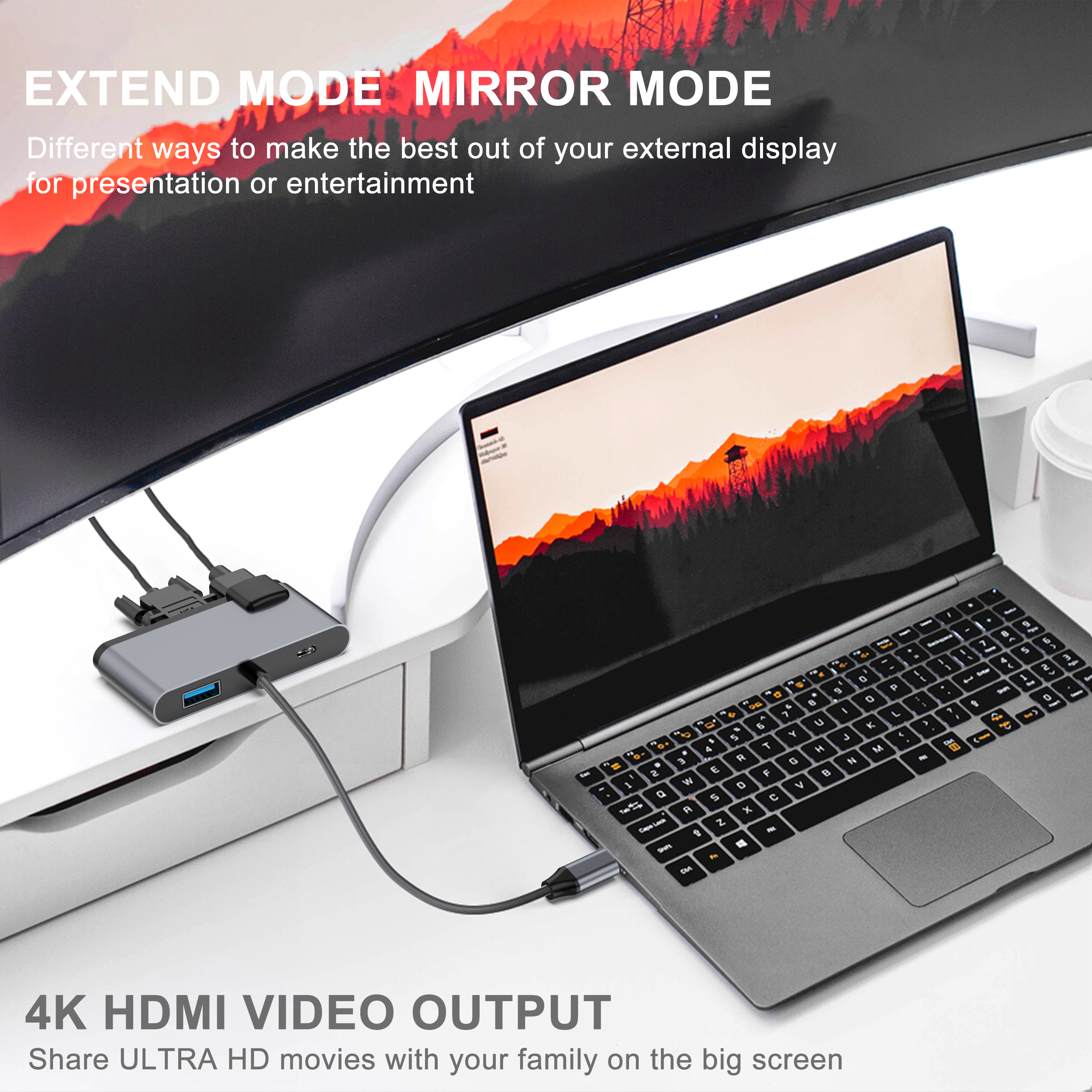 Laptop connected to a hub, and an external monitor. Text reads 'Extend Mode, Mirror Mode, 4K HDMI Video Output'.