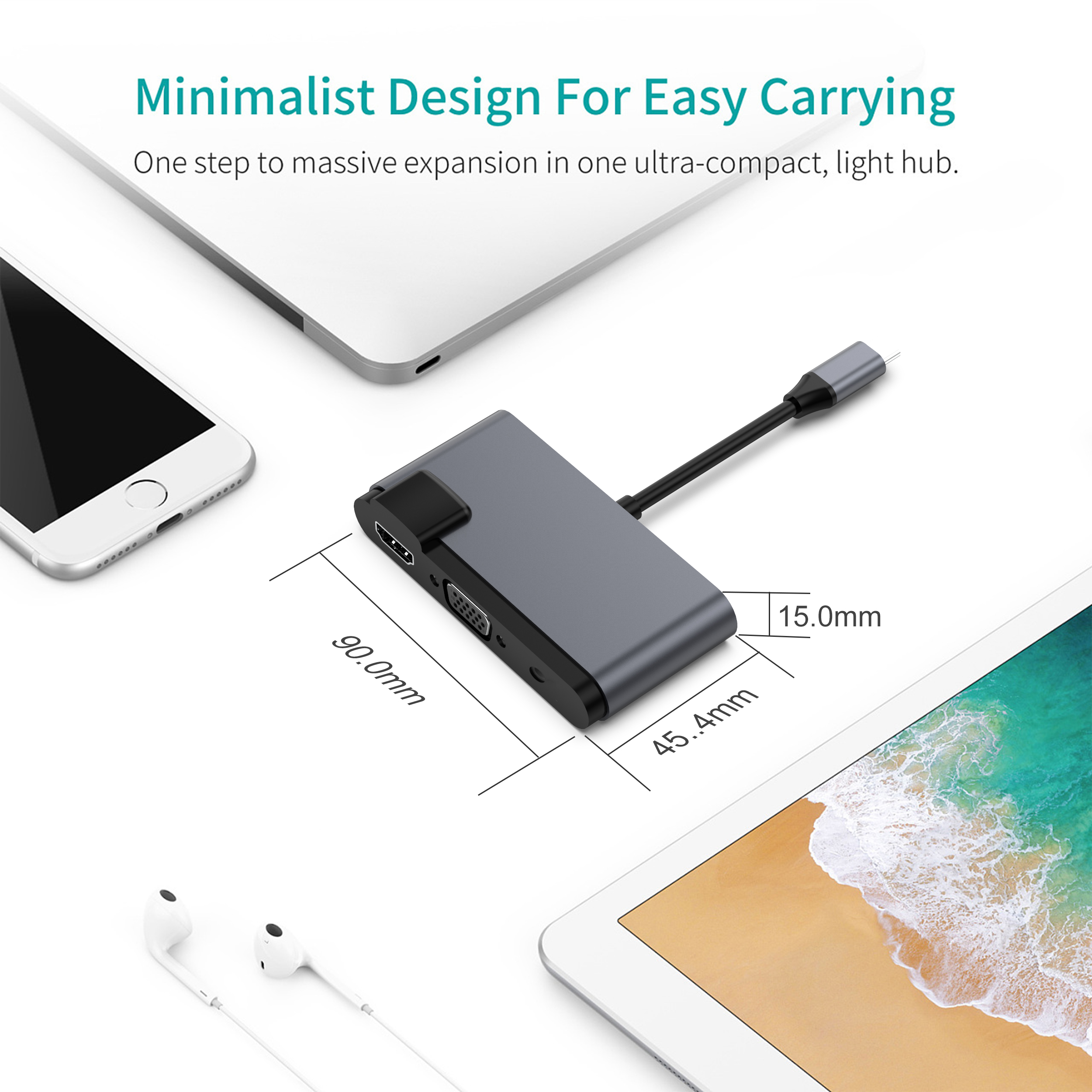 Image shows a gray hub with ports, a phone, tablet, laptop, and earphones on a white surface.