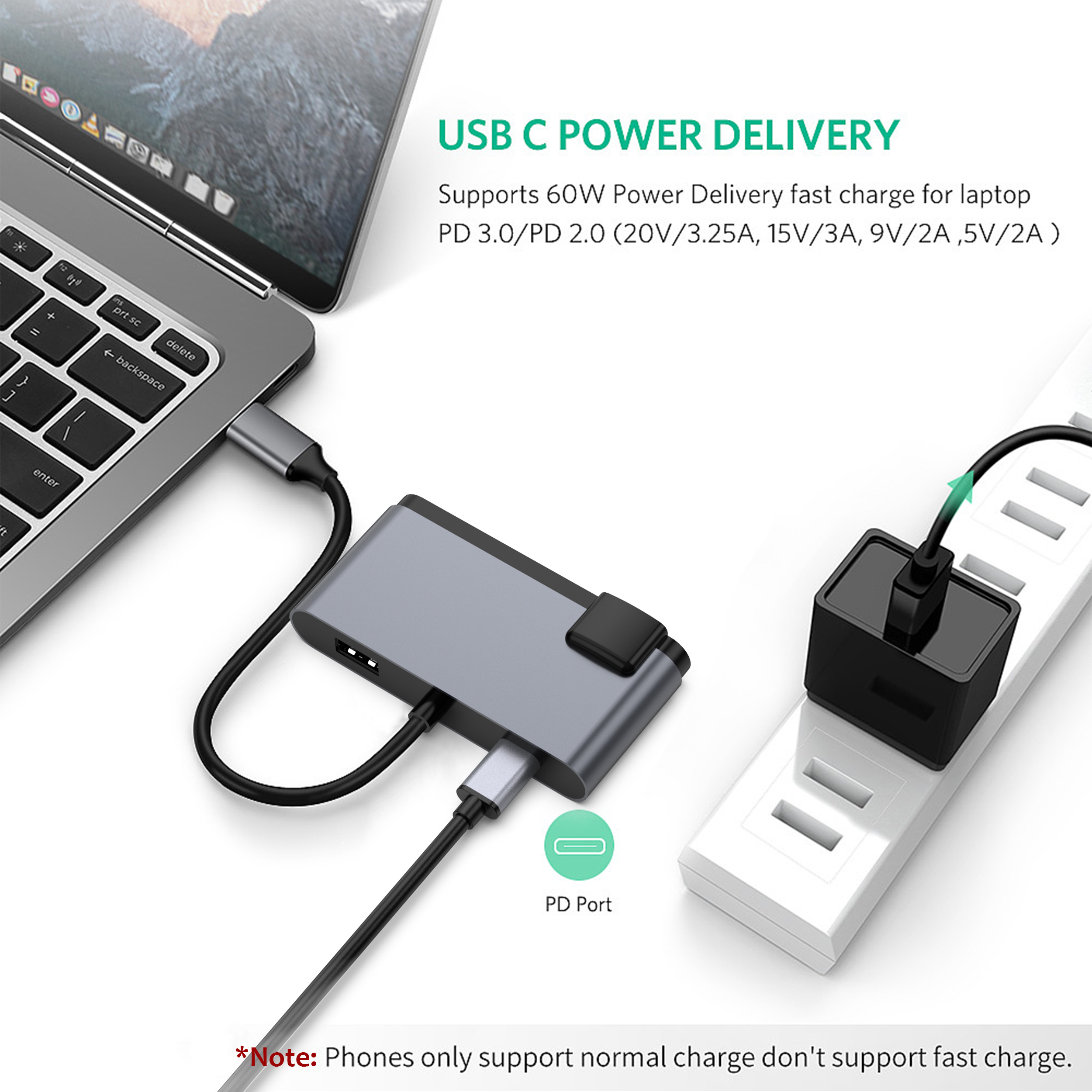 Laptop connected to a USB-C hub, plugged into a power outlet. Text reads 'USB C Power Delivery'.