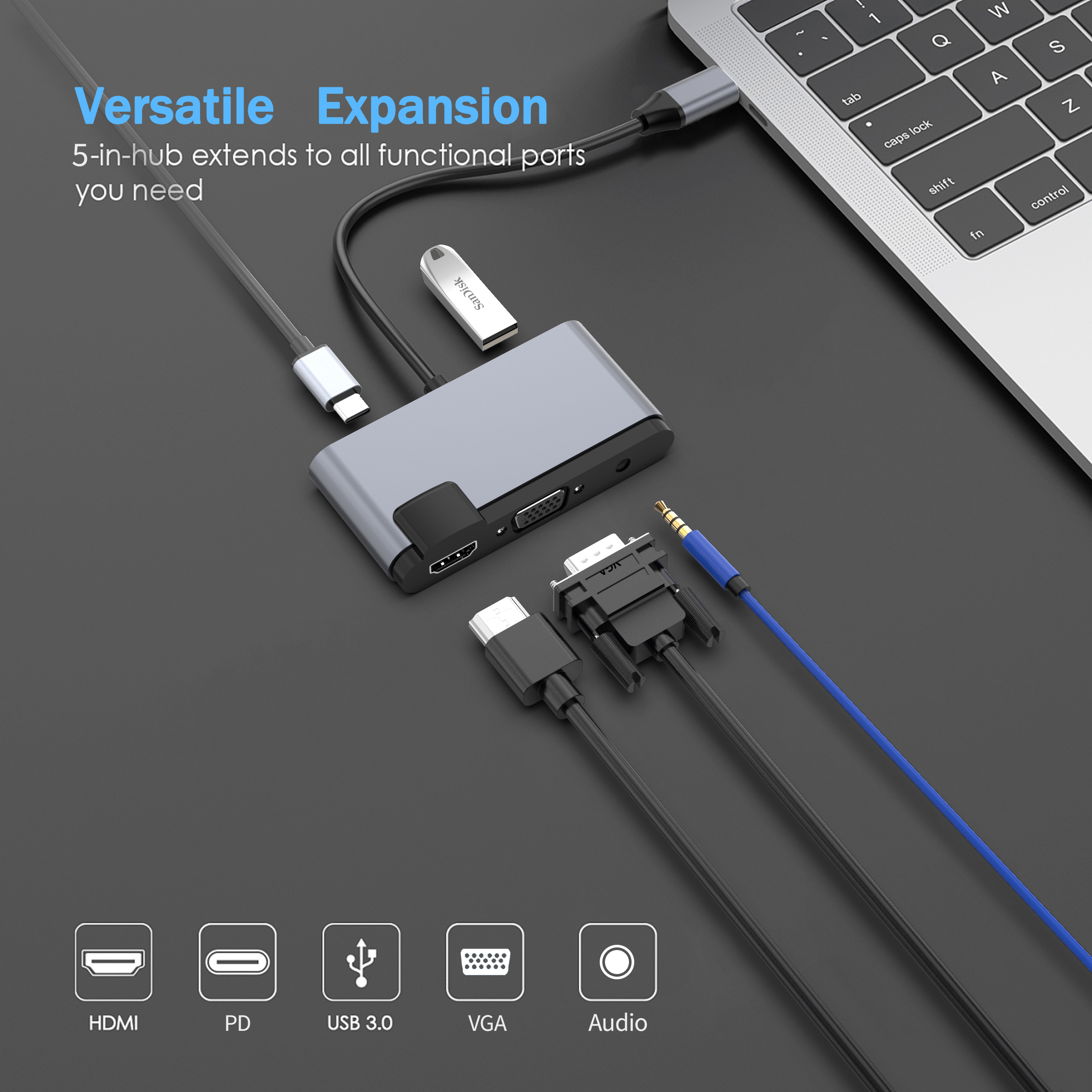 A gray hub with multiple ports connected to a laptop. Cables are plugged in. Text: Versatile Expansion.