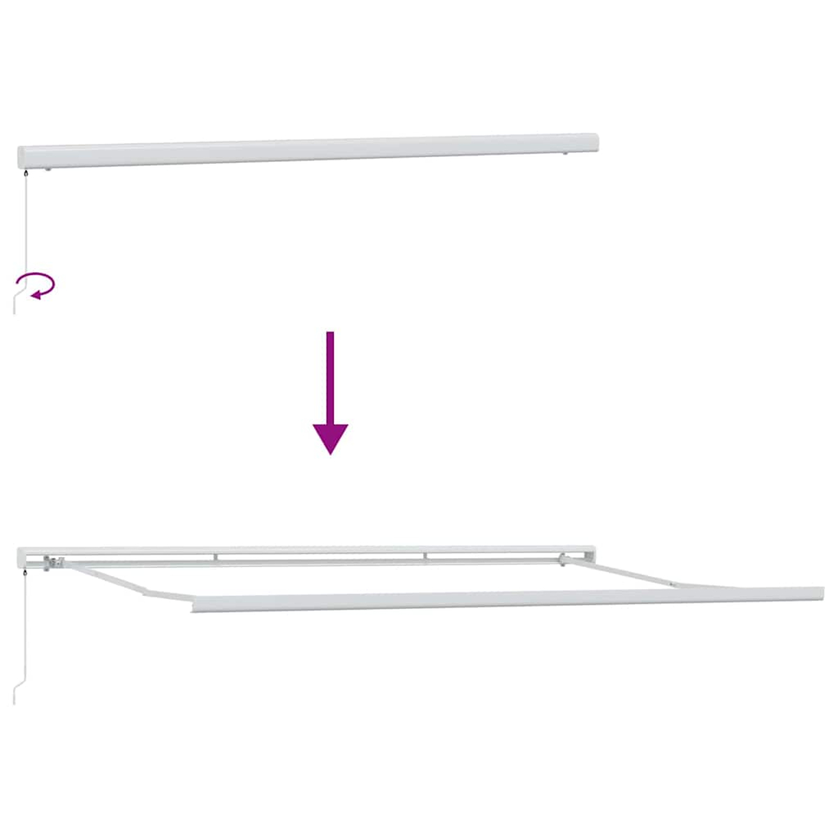 Diagramm, das das Ausfahren einer weißen Markise zeigt. Oben ist die Markise eingefahren, Pfeil zeigt das Ausfahren, unten ist die Markise ausgefahren.