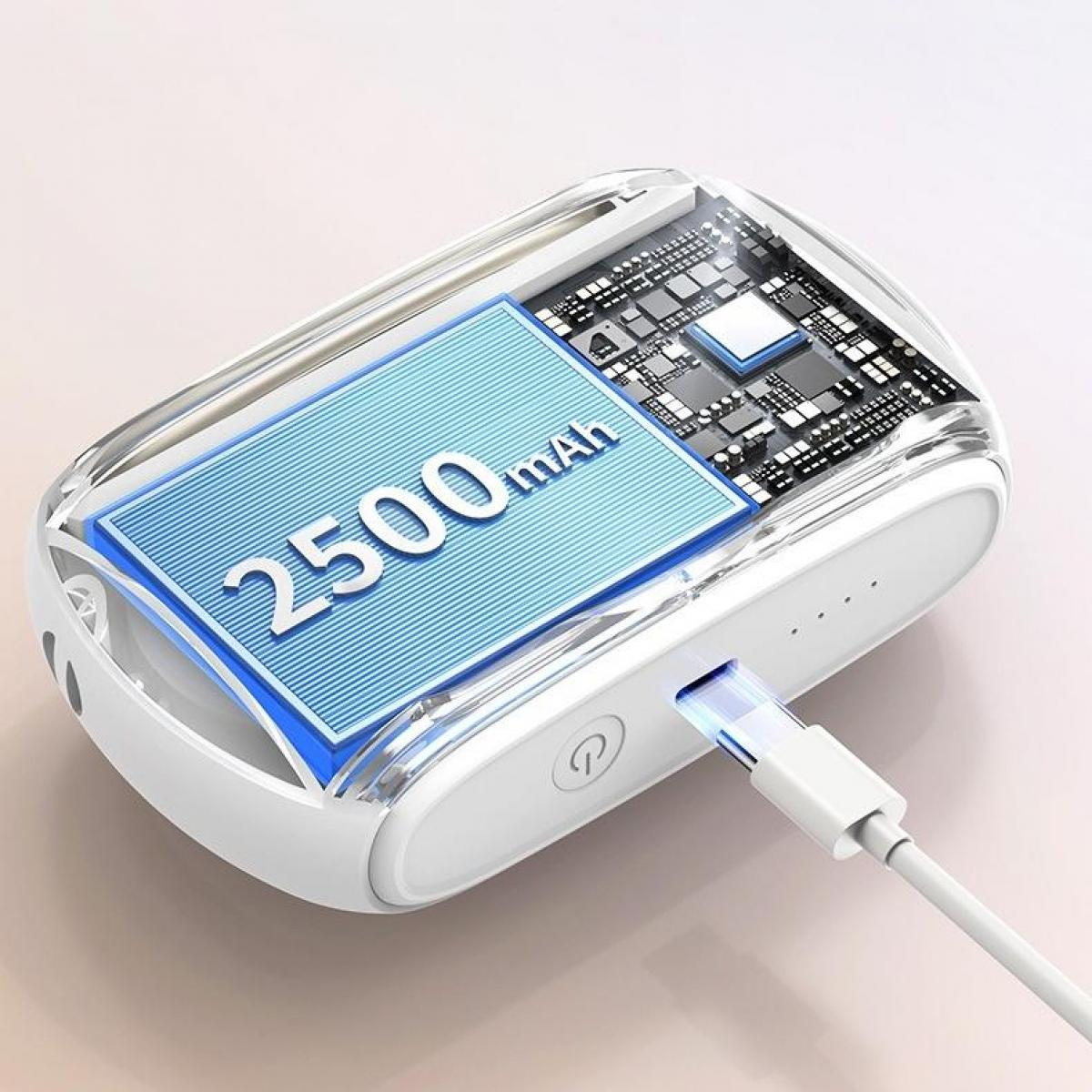 Eine weiße und transparente Powerbank mit blauem 2500mAh-Display. Ein USB-Kabel ist eingesteckt. Schaltkreise im Inneren sichtbar.