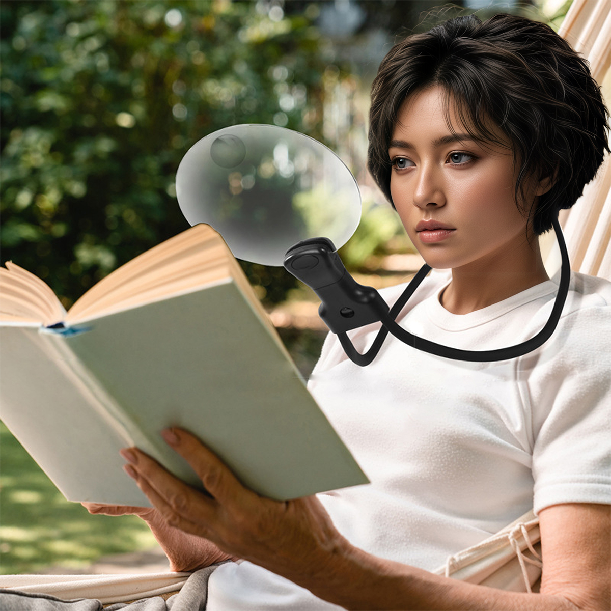 Eine Frau liest im Freien ein Buch mit einer Lupe. Sie trägt ein weißes Hemd und sitzt in einer Hängematte. Grünes Laub im Hintergrund.