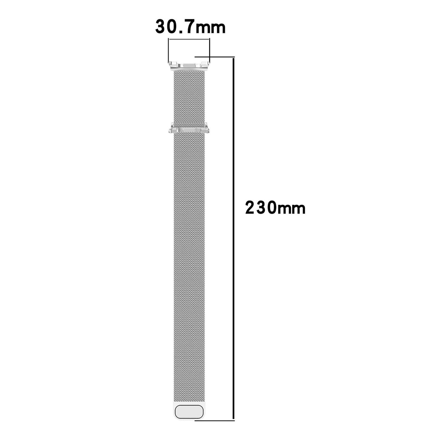 Ein silbernes Uhrenarmband mit den Maßen 30,7 mm Breite und 230 mm Länge. Das Armband ist metallisch und hat ein Mesh-Design.