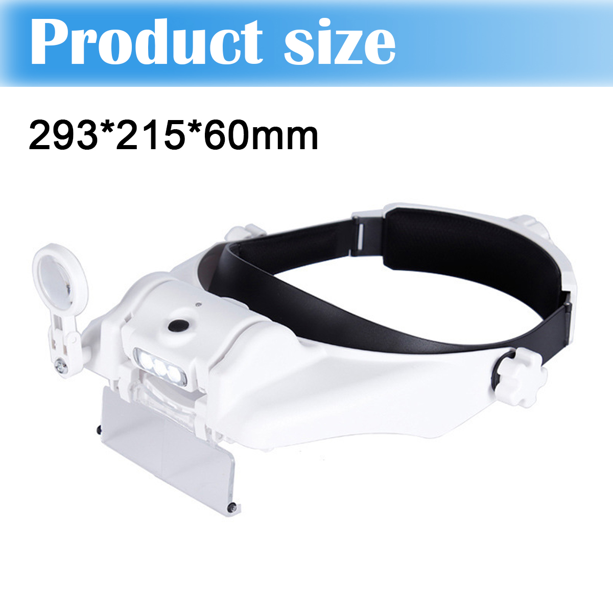 Eine weiße, am Kopf befestigte Lupe mit verstellbarem Stirnband und LED-Leuchten. Produktgröße: 293*215*60mm.