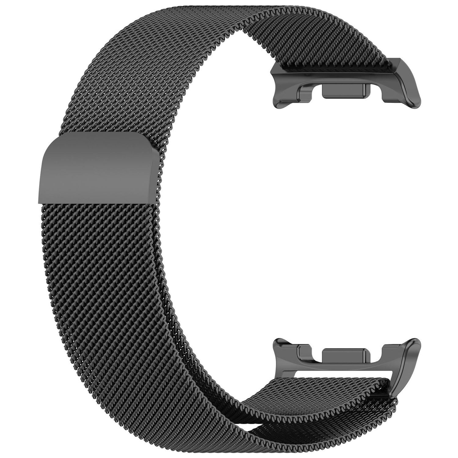 Ein schwarzes Uhrenarmband aus Mesh-Material. Das Armband hat an beiden Enden eine Schließe und Anschlüsse. Der Hintergrund ist weiß.