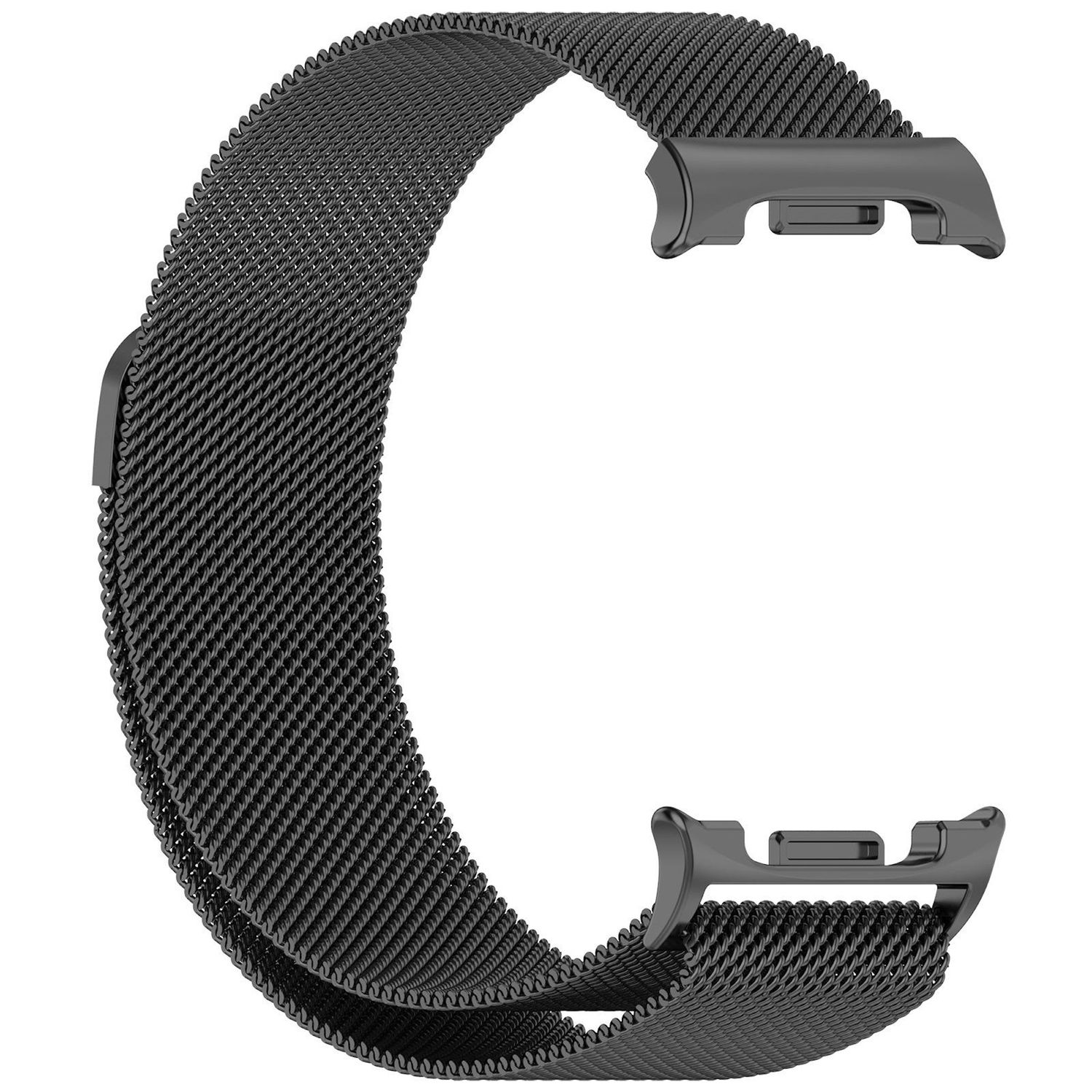 Ein schwarzes Metall-Mesh-Armband in C-Form. An jedem Ende sind zwei Anschlüsse zum Anbringen an einer Uhr sichtbar.