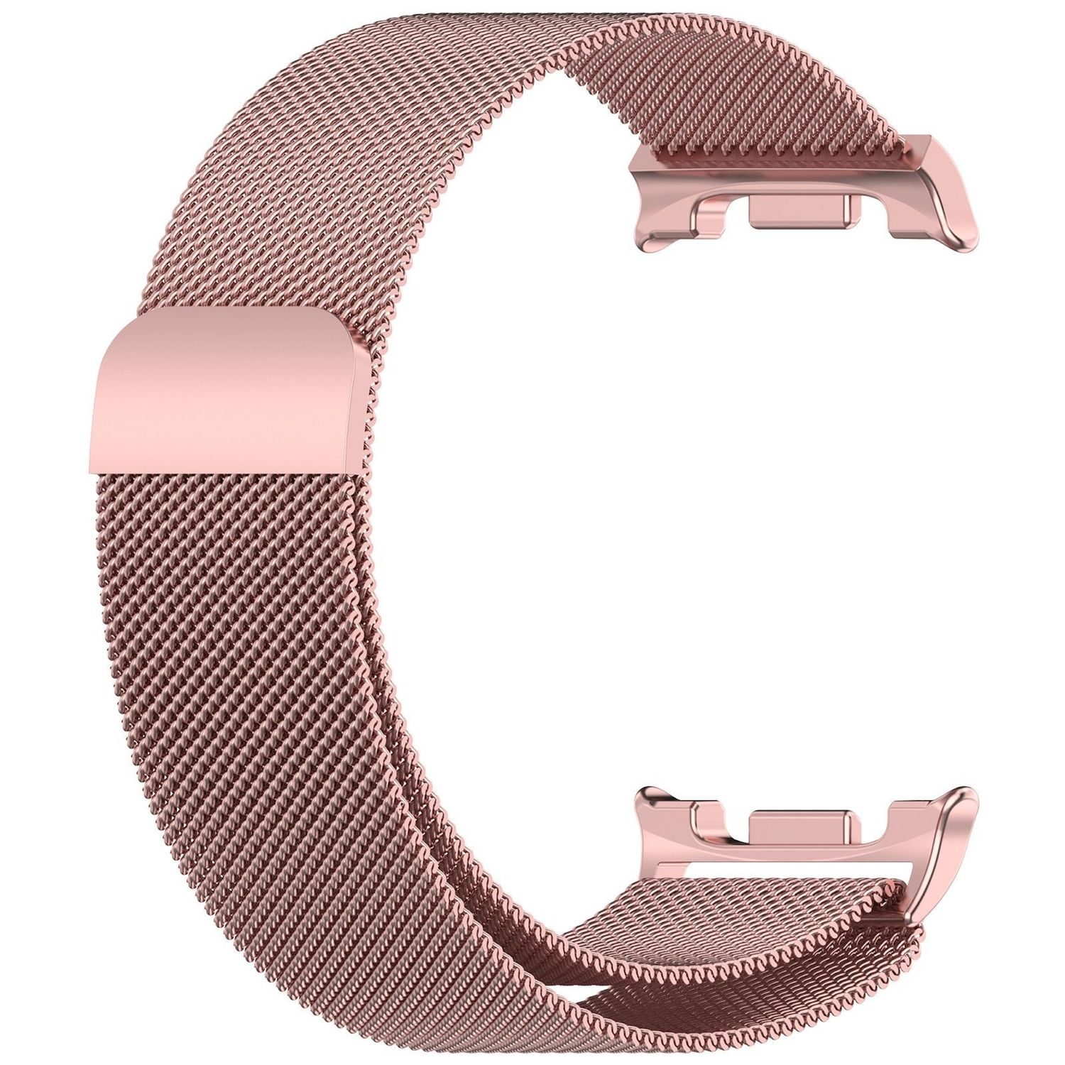 Un cinturino per orologio oro rosa su sfondo bianco. Ha un design a rete, con chiusure su entrambe le estremità. Il cinturino è curvo a forma di C.