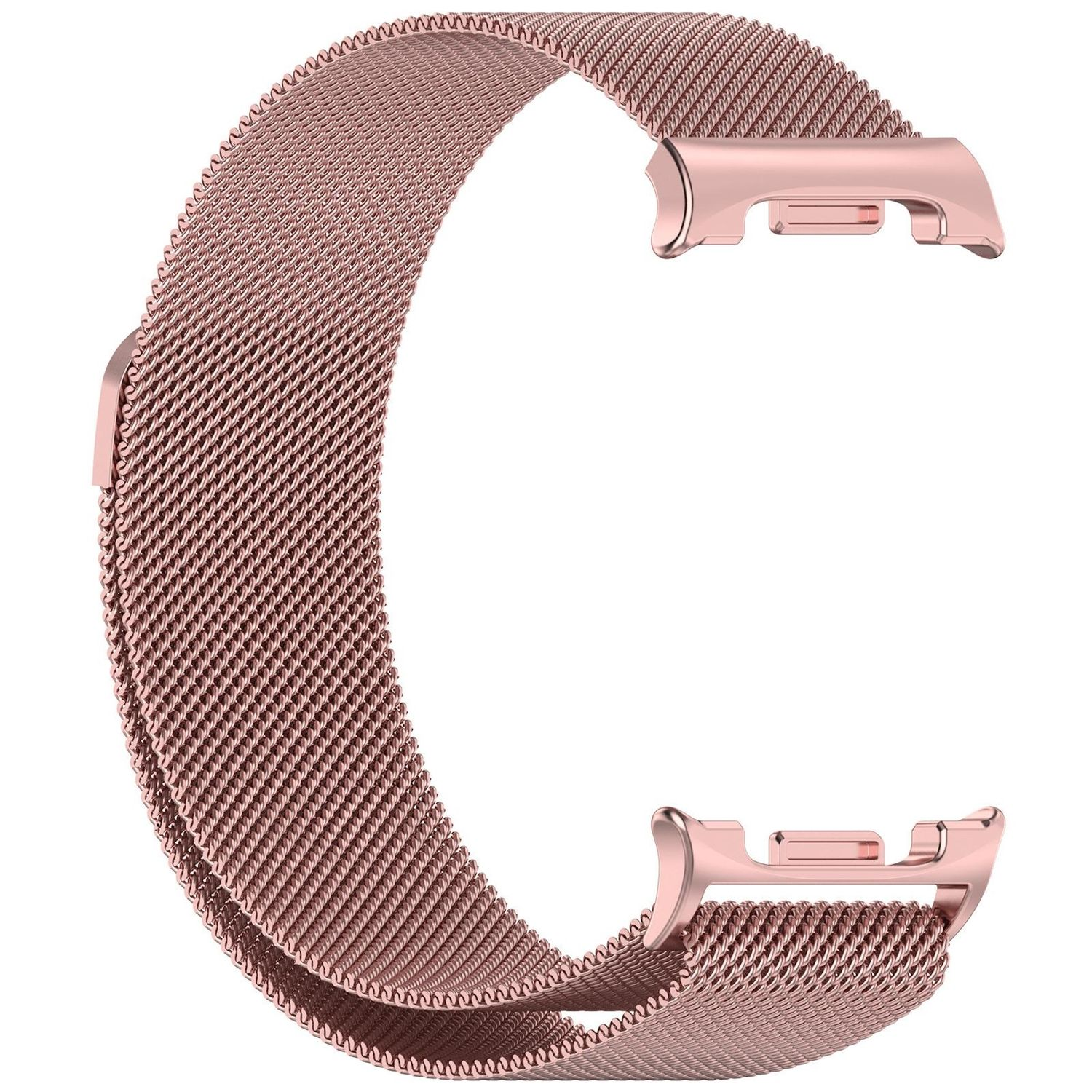 Cinturino per orologio in metallo a rete oro rosa. Il cinturino ha la forma di una C. Le estremità hanno connettori.