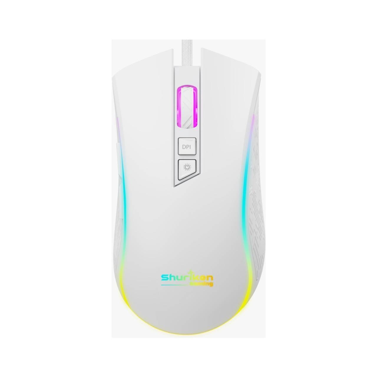 RGB aydınlatmalı beyaz oyun faresi. DPI ve ışık kontrol düğmeleri var. Marka logosu altta yer almaktadır.
